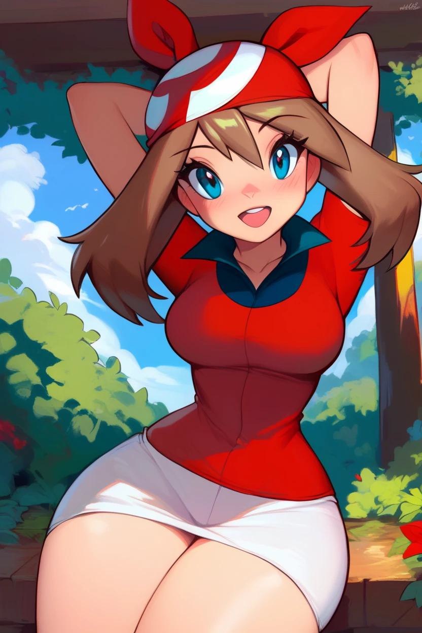 score_9, score_8_up, score_8, medium breasts, (curvy), cute, eyelashes,       zzMay, breasts, looking at viewer, blush, open mouth, bangs, shirt, short sleeves, outdoors, sky, day, collared shirt, cloud, smile, arms up, tree, eyelashes, red shirt, arms behind head, bandana, bush, official style, red bandana,  embedding:zPDXL, huge , busty, curvy, thicc thighs, busty cleavage , sexy orgasm seductive