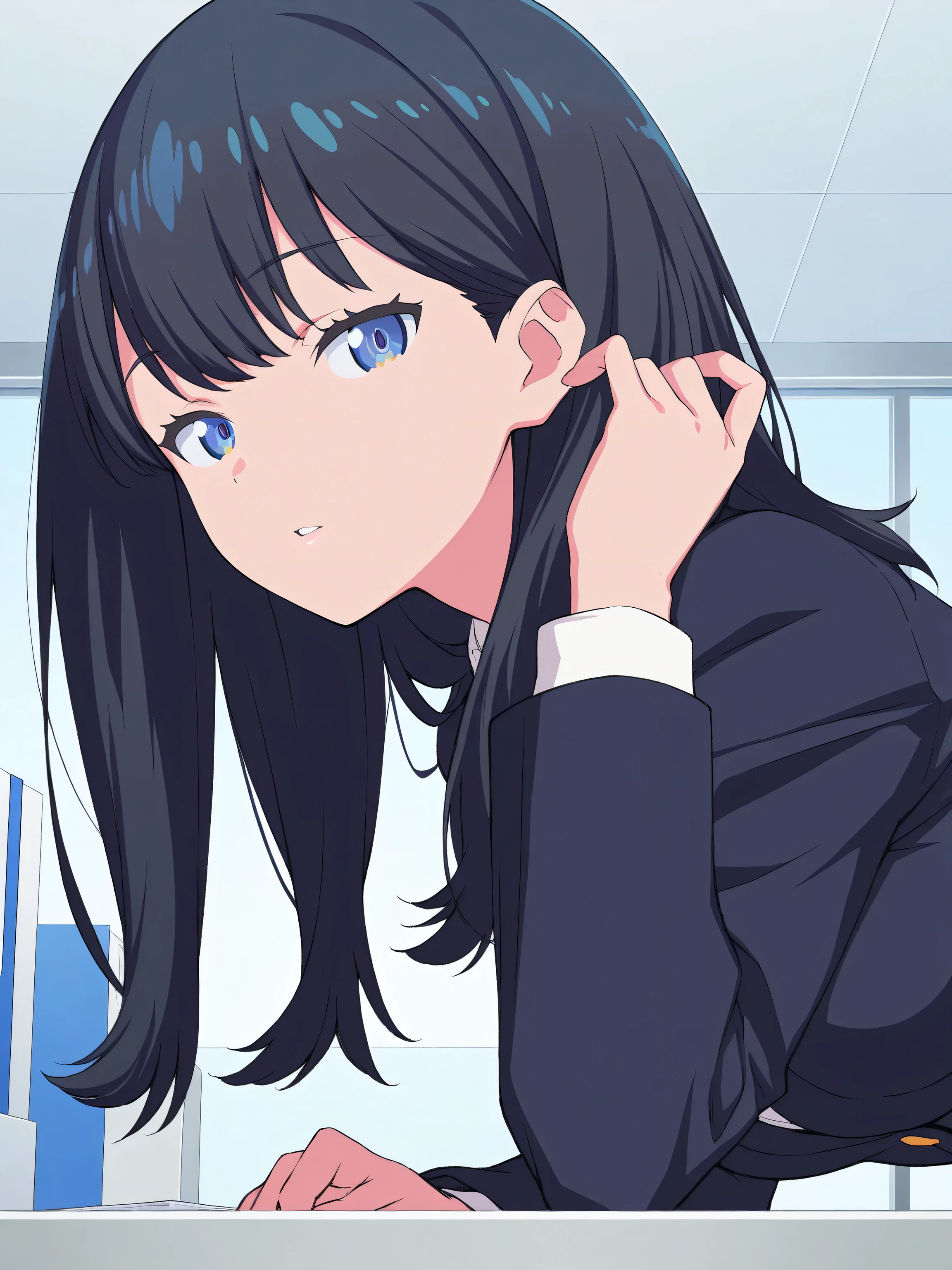 masterpiece,best quality,game cg,1girl,takarada_rikka,gridman_universe,ssss.gridman,solo,black_hair,blue_eyes,straight_hair,hair_between_eyes,looking_at_viewer,long_hair, medium breasts, office worker suits, business suit, bent over, upper body, from side, (((close up))), half-closed eyes, adjusting_hair, hand_up, parted lips, office, looking ahead,
