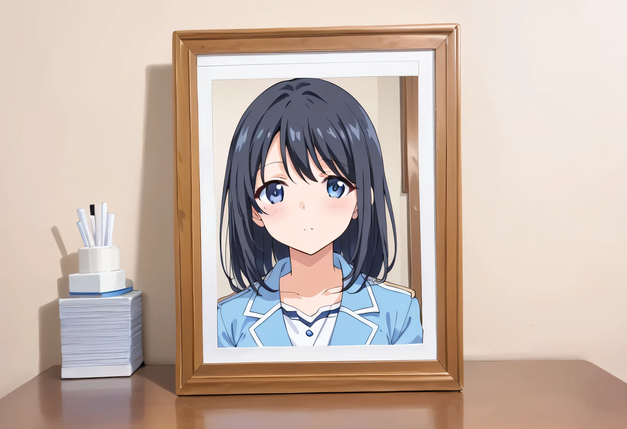 (super fine illustration, best quality, 16k, (high resolution), ) ,  photo frame on the desk. photo frame focus, オフィス