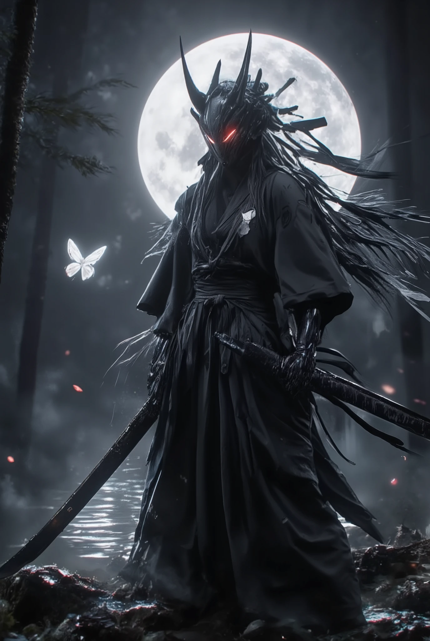 A ninja stands by a quiet lake in the moonlight. A full moon shines in the sky, and the moonlight paints the lake silver. The ninja is dressed all in black, with his long hair blowing in the wind, highlighting his silhouette. He wears a cold Hannya mask on his face, and a sharp gaze shines from deep in his eyes. The ninja's figure is vaguely reflected on the surface of the lake, and there is not a single ripple on the water at his feet. In the silence, a butterfly with transparent wings descends from nowhere. The ninja exudes an eerie presence, making the air around him tense. The shadows of the forest behind him intertwine with the moonlight, creating a fantastical yet terrifying atmosphere. An owl's hoot echoes in the distance, and only the rustling of the wind fills the night world. The image quality is excellent, with natural soft lighting and extremely detailed and realistic images. Ultra high resolution, highest quality, (full body photo), SLR camera, (movie scene), highly detailed, realistic lighting, smooth