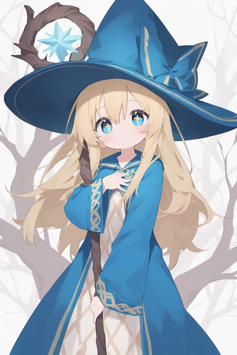 fantasy world,  A blue robe with a magic pattern on her chest near her heart and a big hat,  Blonde hair that comes down to the shoulder and sparkling blue eyes ,  An old tree staff with a length of about 1 meter with her right hand. , A bright and clean girl ,  A single composition of a woman looking directly on her chest , Left hand on big chest in a pose ,  background of standing with your back in a magical library full of leather books and old books