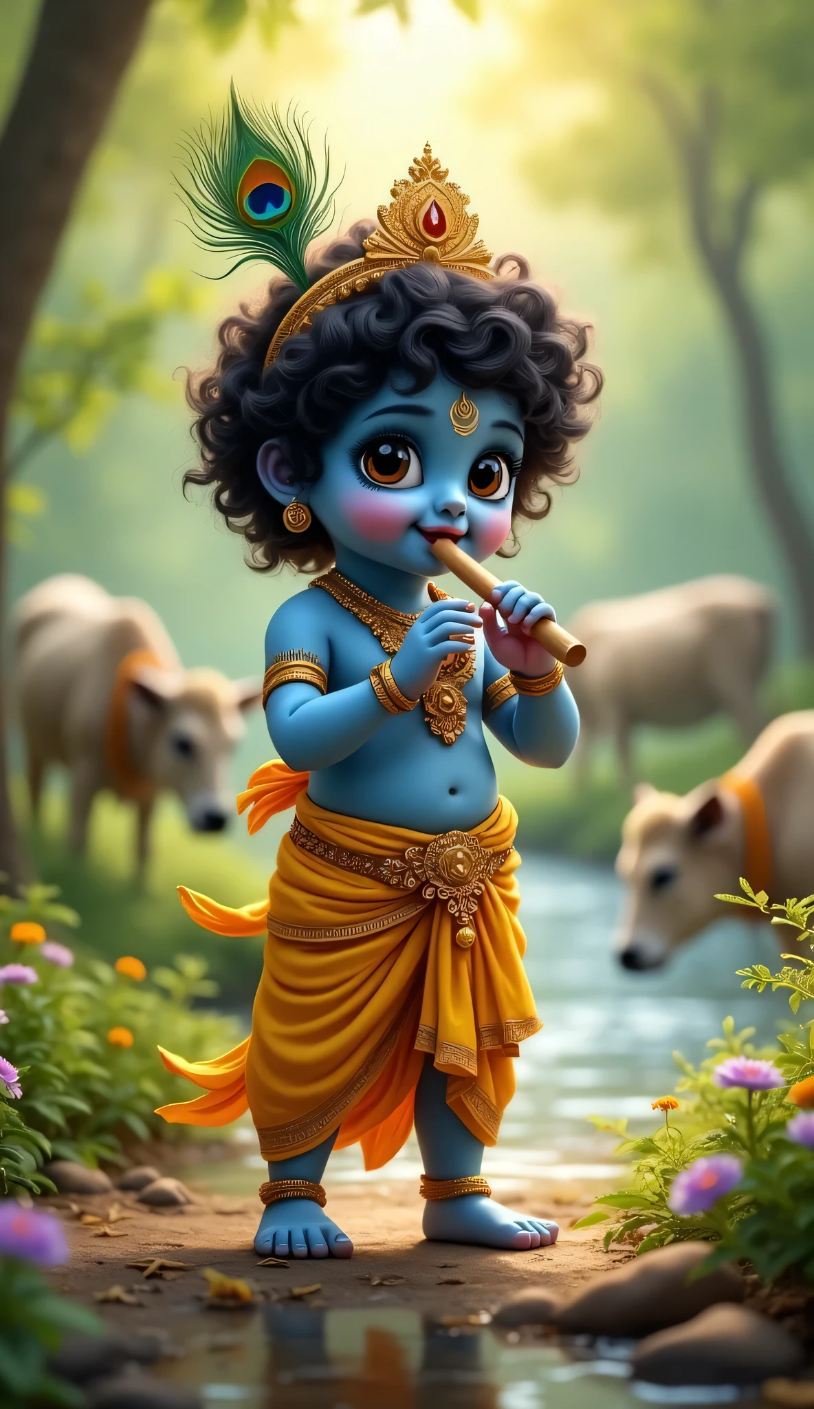 "Little Krishna, a charming young boy with a playful demeanor, is depicted as a divine child with dark blue skin, wearing traditional yellow dhoti and peacock feather crown. He holds a flute, surrounded by lush greenery and playful animals like cows and birds. The scene is vibrant and full of life, capturing Krishna's innocence and divine grace."