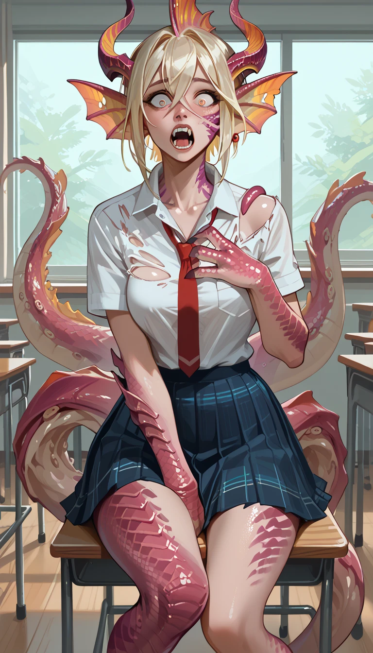 A busty school girl has been caught by slimy alien tentacle beasts, they restrain her arms and legs while rippling off her uniform and exploring her body , dark red skirt , plaid skirt , pleated skirt , The shirt is tight. , white shirt , school girl , red knot , red bow , school girl uniform