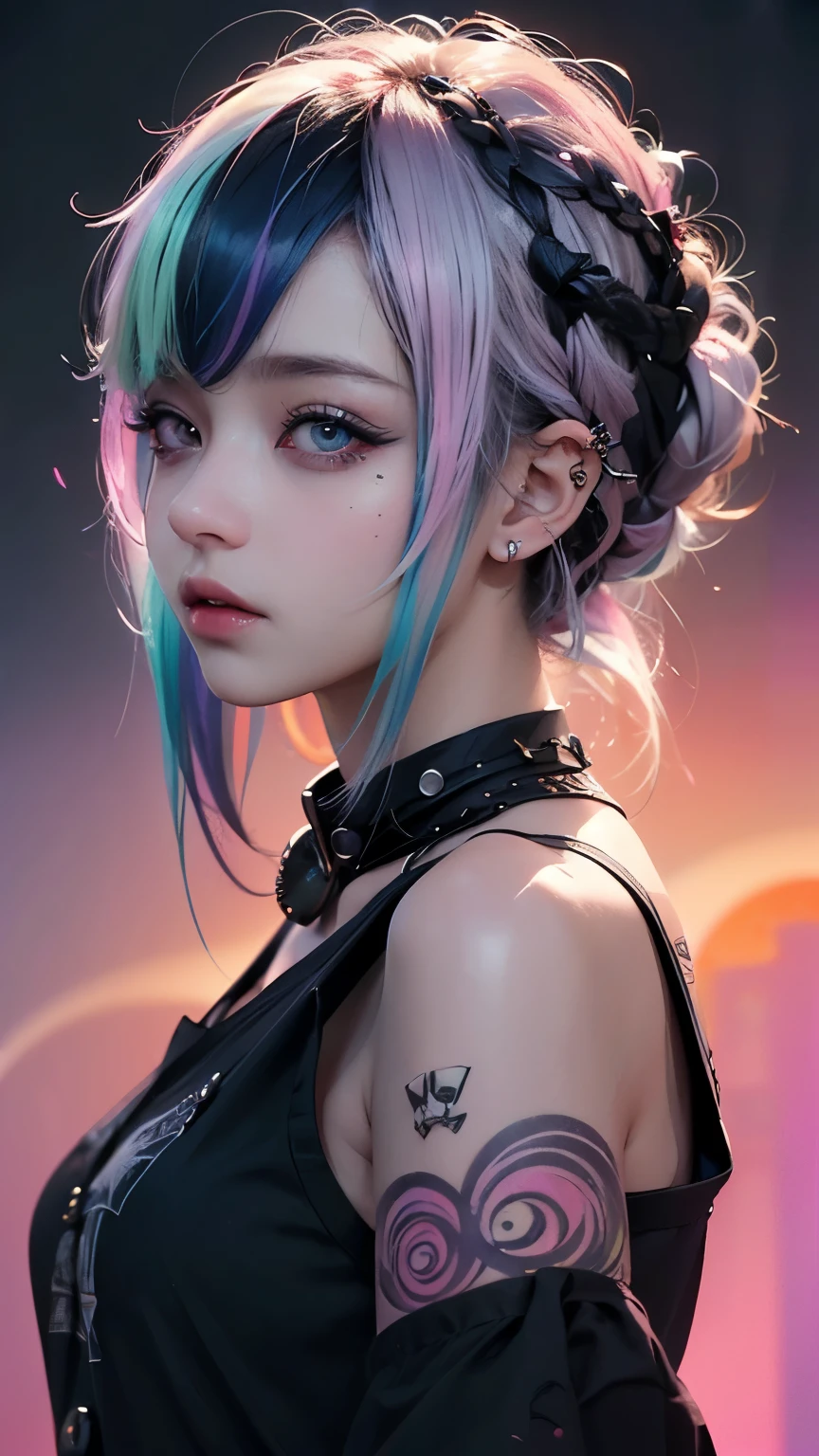 (Punk Girl:1.4), mallet hairstyle , Beautiful Symmetrical Eyes , ( colorful gradient hair :1.5), ( intricate details:1.2), ( very detailed face and eyes:1.2), do not wear makeup in coal mines , (Bear:1.1), Midnight Aura, Urban, , Side View, full body photo , (Delicate images), ( RAW photos : 1.2), ( realistic : 1.6), ( very detailed), ( high definition ), ( Top Quality ), ( masterpiece )