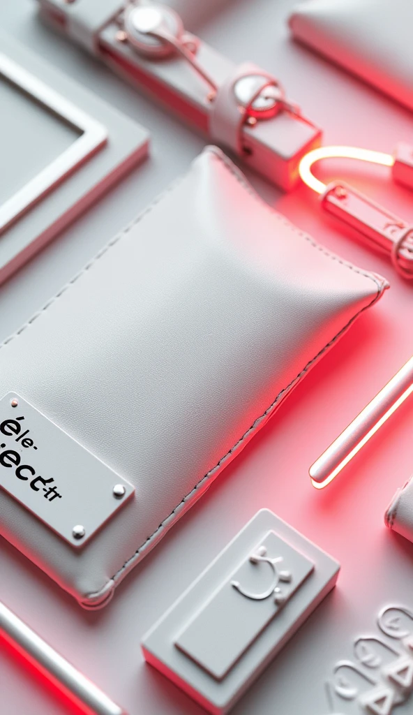 Branding design for athleisure brand "E L E C T R Ó ⚡️, white leather patches, labels, metal trims, brand tags, white and red with neon accents, minimalistic