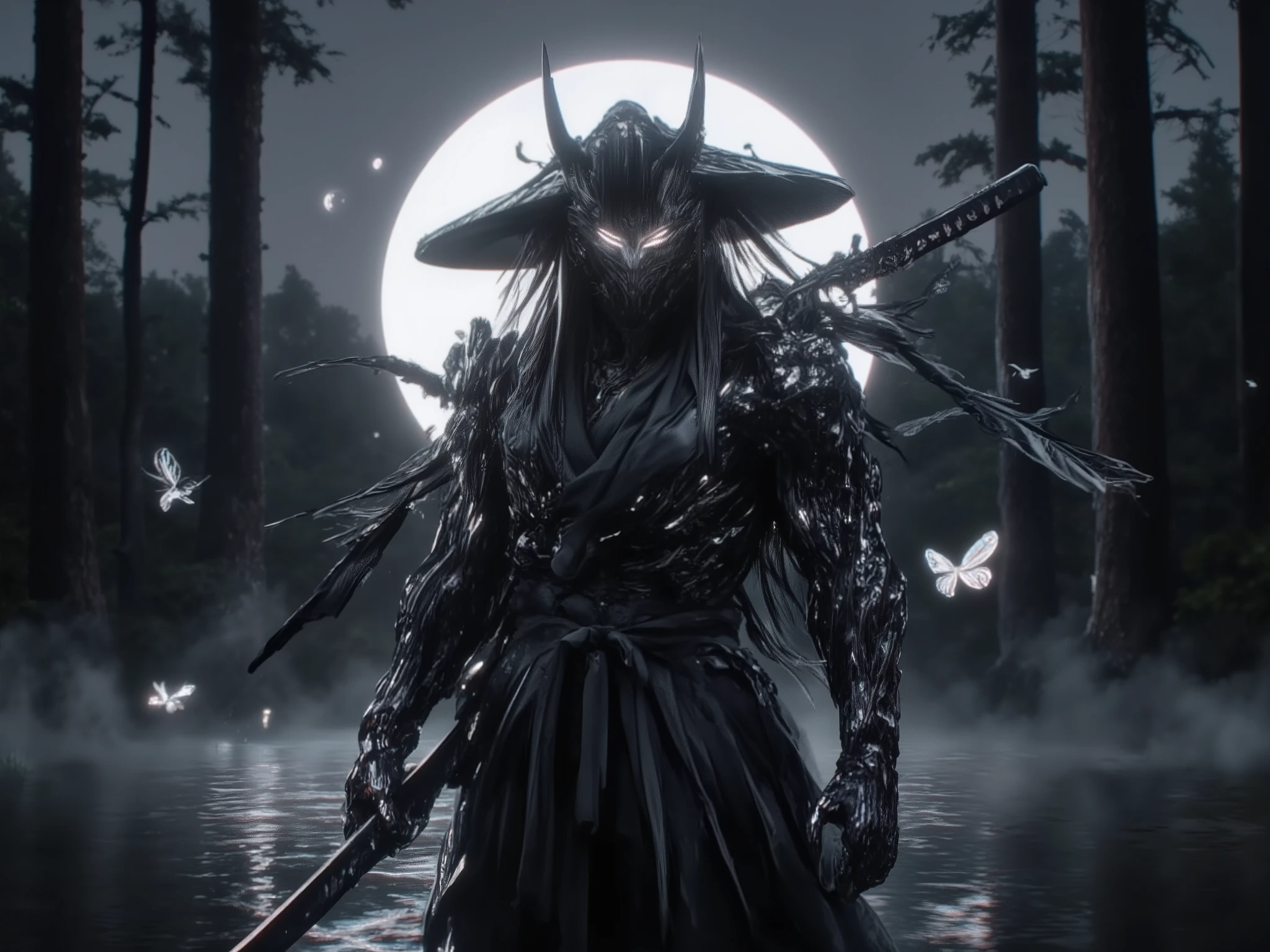 A lone ninja stands on a quiet lake on a moonlit night. The full moon shines in the sky, and the moonlight paints the lake silver. The ninja is dressed in all black, his silhouette accentuated by his long hair blowing in the wind. His face is covered with a cold Hannya mask, and a sharp gaze shines from the depths of his eyes. The ninja's figure is vaguely reflected on the lake's surface, and not a single ripple spreads on the water at his feet. In the silence, a butterfly with transparent wings is fluttering out of nowhere. The ninja exudes an eerie presence, making the surrounding air tense. The shadows of the forest behind him intertwine with the moonlight, creating a fantastical yet terrifying atmosphere. The hooting of an owl echoes in the distance, and only the rustling of the wind fills the night world.