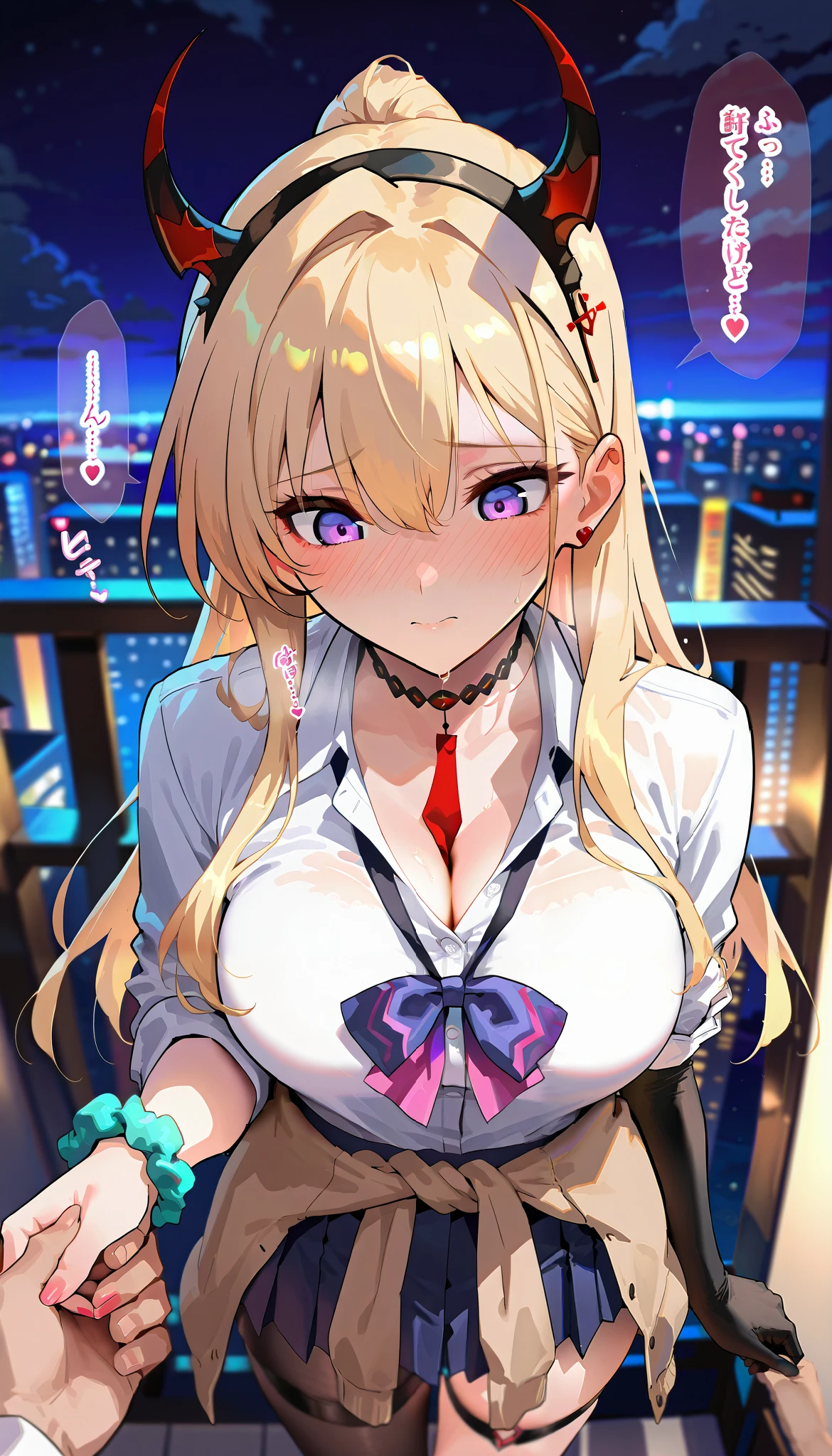 masterpiece, beautiful woman, adult female, cute, kumano , purple eyes, blonde hair, long hair, sidelocks,  they horns, cross hair ornament, choker, white shirt, collared shirt, sleeves rolled up, cleavage, purple bow, loose bowtie, wrist scrunchie, single elbow glove, black glove, blue skirt, pleated skirt, miniskirt, side-tie peek, single thigh strap, Cardigan around waist, score_9, score_8_up, score_7_up, , rating_ general , beige Cardigan, Beige sweater, black choker,  black necktie, black skirt, Cardigan, Cardigan around waist, source_anime, cowboy shot, full portrait, hair between eyes, (slim, slender body, tight waist, toned body), (night, Around town, In front of the hotel), full-face blush, speech bible, (lovely face, embarrassed, full blush, loving you, be nervous, speaking, looking down), (reach out, Grab man's hand:1.3), lovely hearts:1.4, (throw, pov, 1man, throwhand), Sound effects