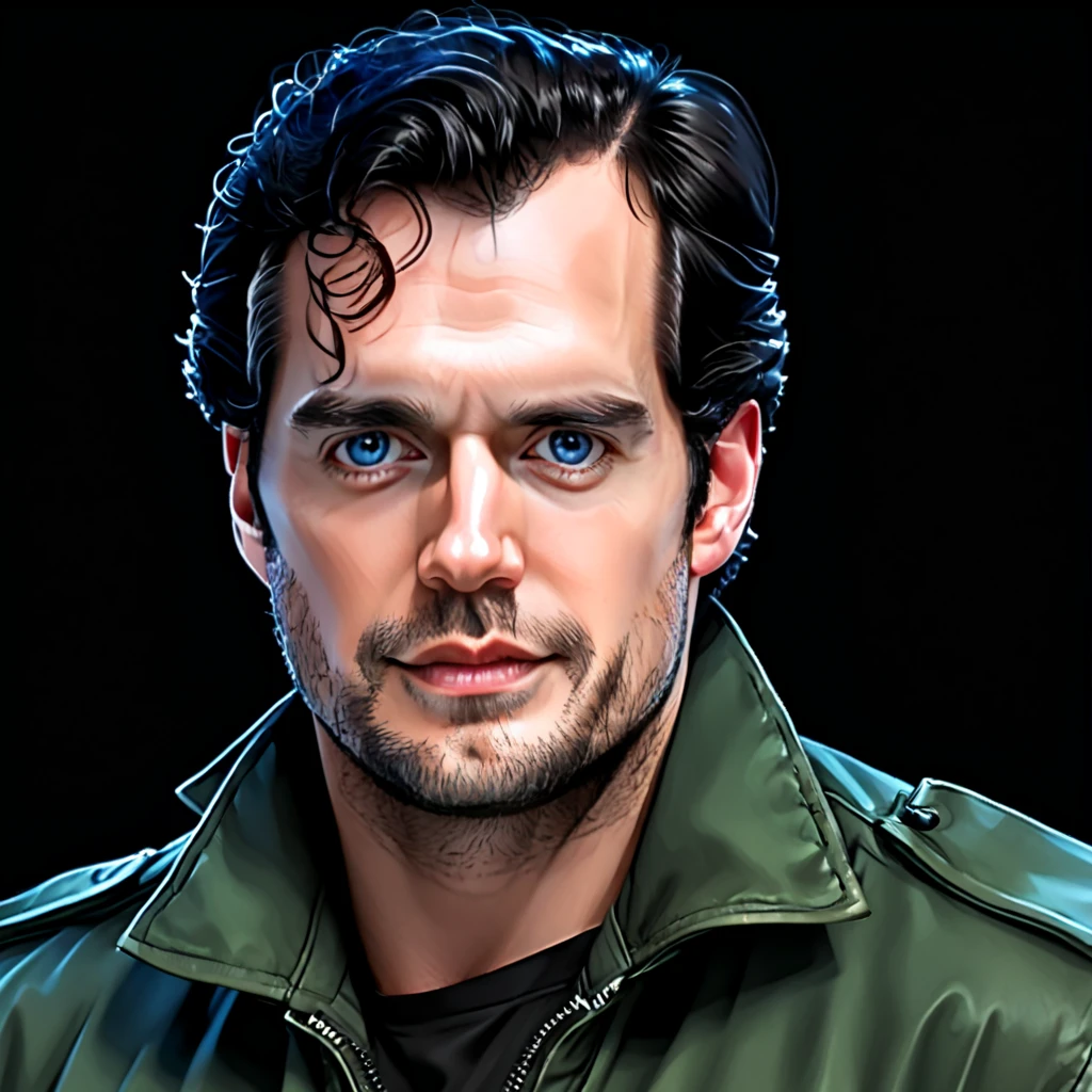 one man, henry cavill, (blue eyes:1.2), black hair, (upper body:1.3), (black background, clear background:1.5), (green military jacket:1.2), (studio lights, deep shadows:1.3)