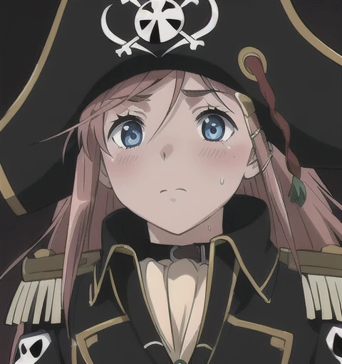 masterpiece, best quality, 1girl, detailed face and eyes, big breasts, cleavage, Katou Marika, (black pirate costume), long coat, belt, (black cargo pants), (black pirate hat), looking at the viewer, facing the viewer, (aroused facial expression), closed mouth, blush, sweat, (simple dark background), view from below