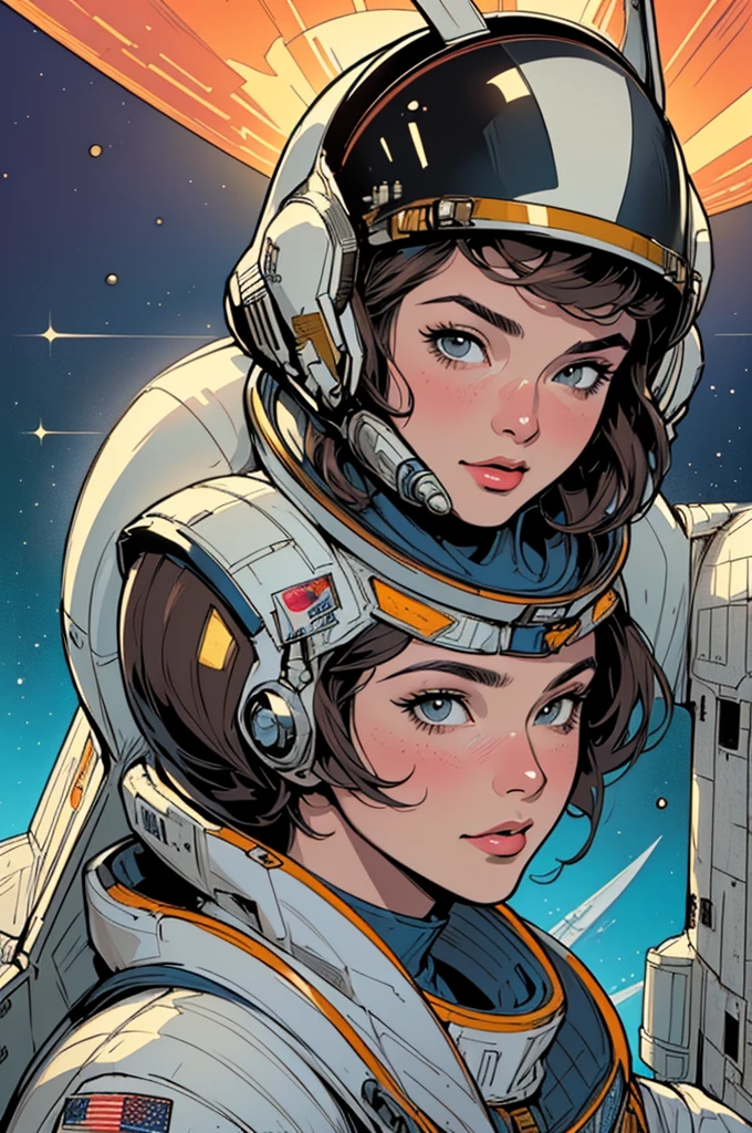 (((Top Quality Masterpiece ))),(((solo:1.2))),((( 1 woman :1.2))), 32K Highly Detailed Wallpaper , Retro Vintage Style ,(dynamic Angles),((( overwhelming highlights))),((most complex machine)),American Comics Touch , 80s space thriller movie poster,(((Detailed and perfect woman ))),((( bust up))),(((full face helmet space shuttle infinity satellite)))