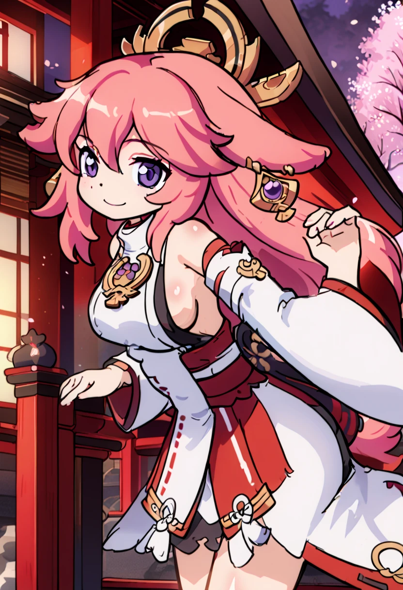 anime girl, pink hair, long hair, yae miko, purple eyes, slanted fox ears, red and white hanfu, smiling softly, sakura tree background, japanese shrine, foxes, anime style, genshin impact, azur lane, honkai impact, round breasts, score_9, score_8_up, score_7_up, source_anime, 1girl, solo, outdoors, street, cherry blossoms, cowboy shot, standing, looking at viewer, shiny skin,  hair ornament, jewelry, white kimono, japanese clothes, long sleeves, wide sleeves, detached sleeves, bare shoulders, nontraditional_miko, sleeveless shirt, sideboob, leaning forward, chibi style