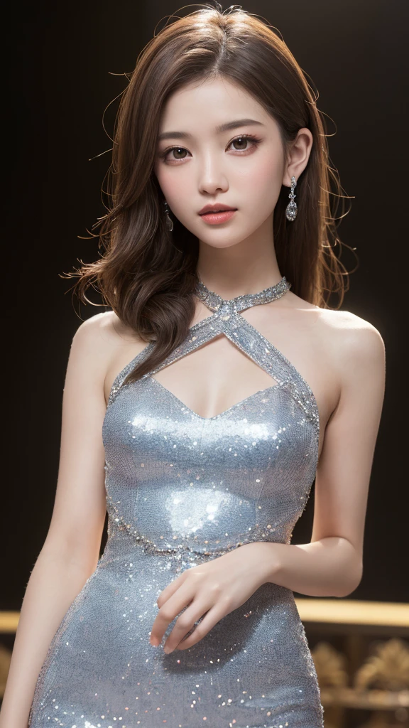 21yo girl, princess gown, blue background