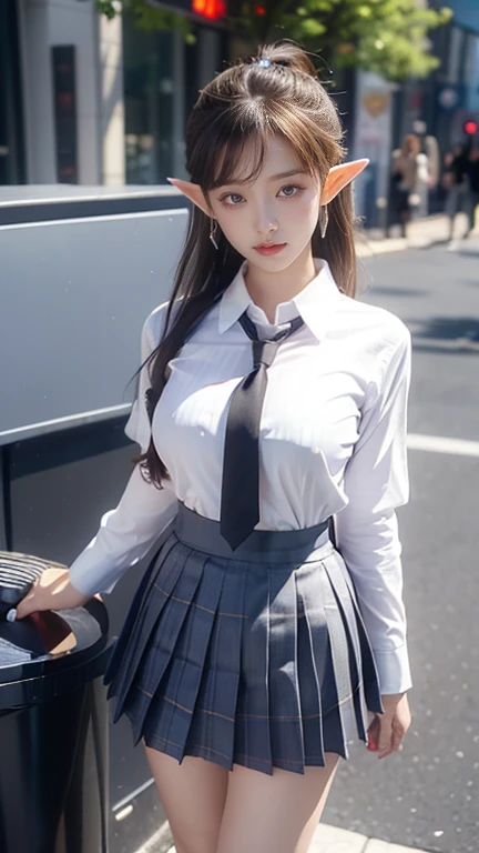 8K RAW Photos、17-year-old cool Korean、big round chest、student clothes、neck tie、Tie Ribbon、blazers、skirt by the、beautiful eyes finely detailed、long eyeslashes、Beautiful double eyelids、eyeshadows、Slender eyes、Sanpaku eyes、Perfect eye makeup、evil smile、beautiful and thin legs、bob cuts、poneyTail、appearance々Hairstyle、耳环、school classrooms、Big breasts、valley、Schoolgirl's cute huge breasts