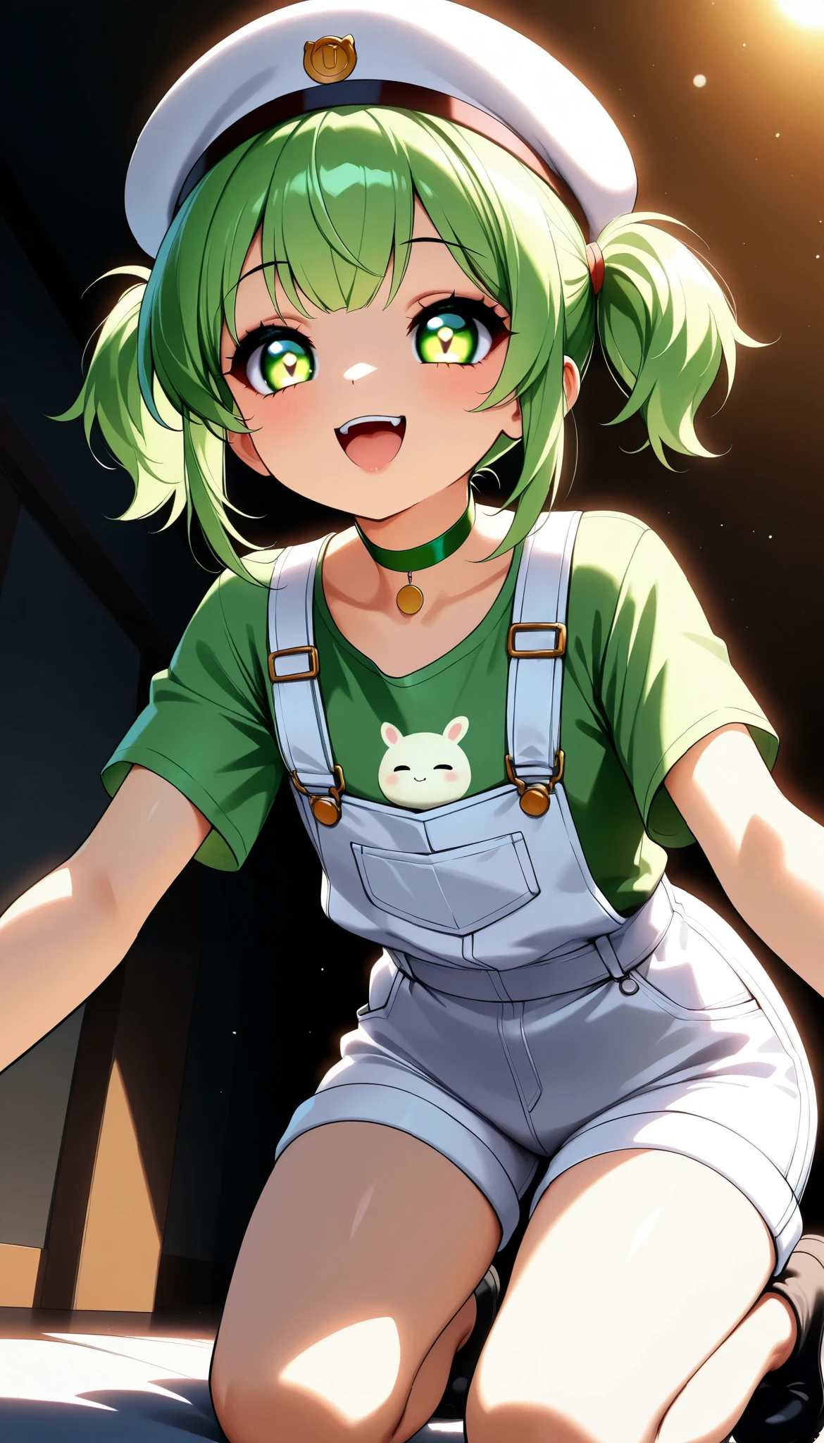 Daikon-chan :1.2, DKG , smile:1.2,  open your mouth,  beautiful skin:1.4,  Beautiful Detailed Eyes , Shining pupils,  glossy lips ,  very detailed face , (( White Berets ,  green hair short twin tails:1.2, Green T-shirt,  white overalls  , Green choker, )), slouch, (( Random Poses)),  kneeling,  dramatic lighting ,  cute atmosphere ,  beautiful thighs ,  bright color,  cinematic composition ,  anime style:1.2, Detailed CG illustration, 8k, masterpiece．