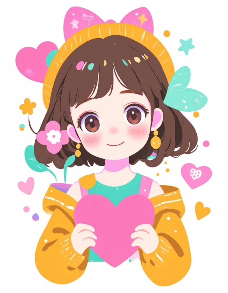 a drawing of a girl holding a flower and a heart, drawn image, cartoon image, by Yuko Tatsushima, by Oka Yasutomo, girl in love, by Valentine Hugo, carrying flowers, by Hugh Hughes, by Judy Takács, by Yi Inmun, cartoonish and simplistic, artists rendition, holding a flower. pikaole