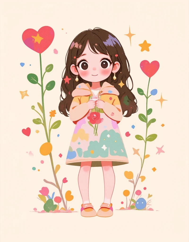 a drawing of a girl holding a flower and a heart, drawn image, cartoon image, by Yuko Tatsushima, by Oka Yasutomo, girl in love, by Valentine Hugo, carrying flowers, by Hugh Hughes, by Judy Takács, by Yi Inmun, cartoonish and simplistic, artists rendition, holding a flower. pikaole