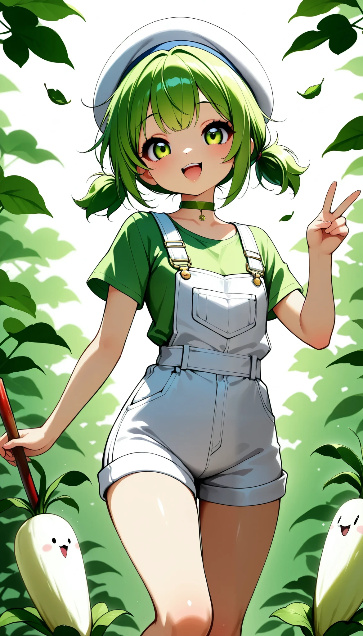 Daikon-chan :1.2, DKG , smile:1.2,  open your mouth,  beautiful skin:1.4,  Beautiful Detailed Eyes ,  glossy lips ,  very detailed face , ((white beret stick with leaves,  green hair short twin tails:1.2, Green T-shirt,  white overalls  , Green choker, )), slouch, (( Random Poses)), v-sign,  dramatic lighting ,  cute atmosphere ,  beautiful thighs ,  bright color,  cinematic composition ,  anime style:1.2, Detailed CG illustration, 8k, masterpiece．