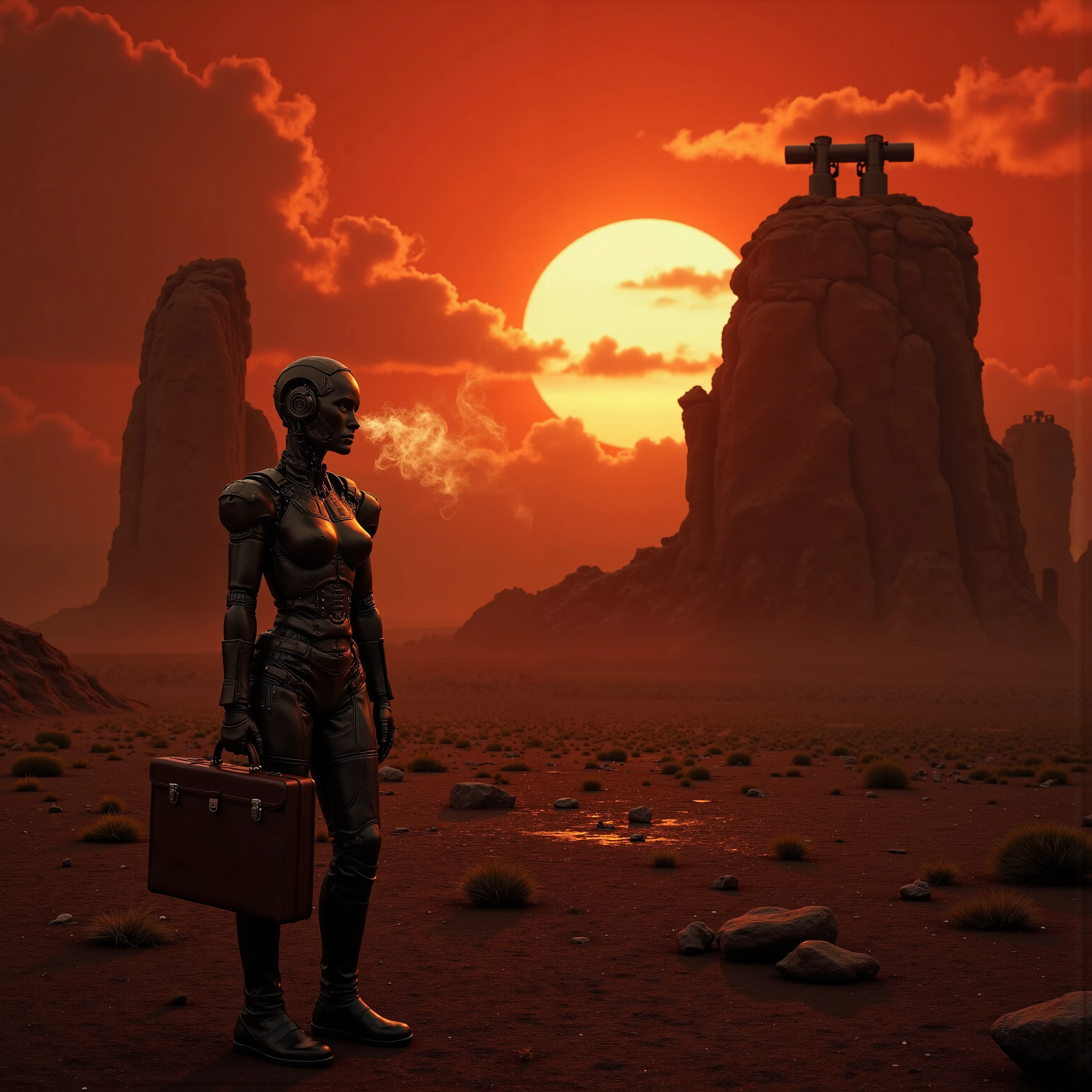 A post-apocalyptic landscape, red sky, the orange sun is low on horizon, three gigantic head-shaped rock statues, wearing binoculars. In the foreground one damaged android, with smoke coming out from its torso, holding a briefcase. panorama, ray tracing, UHD, 16K, DSLR, masterpiece, award-winning, photorealistic