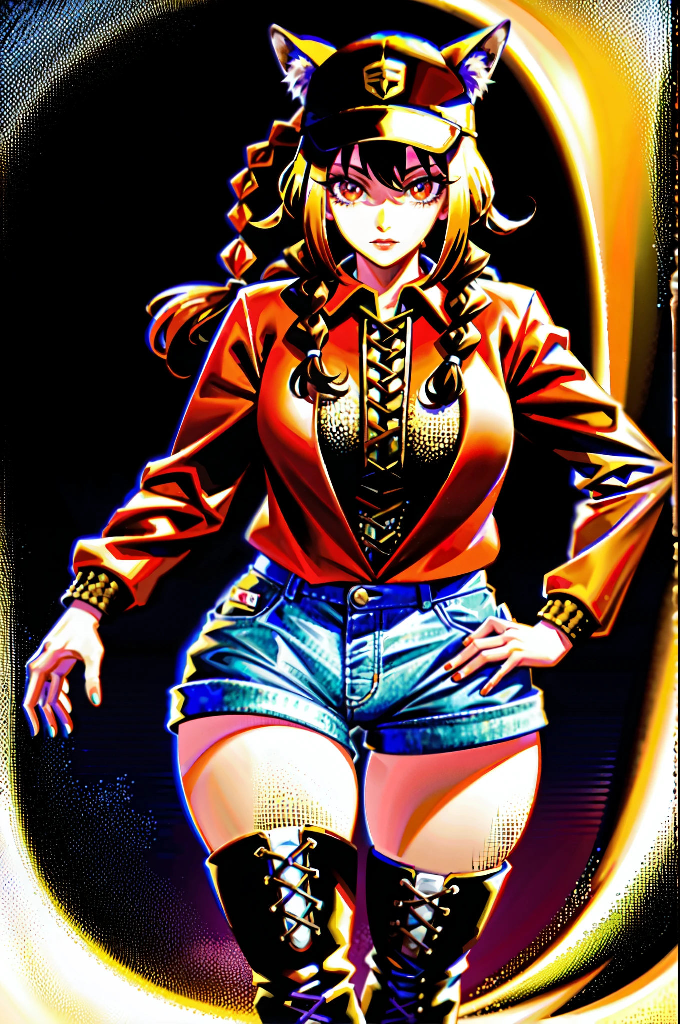 masterpiece, Highest quality, High resolution, Long Hair, blonde, Braiding, Red eyes, Earrings, Kogaru Gal, jewelry, hair ornaments, bracelet, (Sunburn), (Compensate), Polished nails, Long nails, Saggy breasts, Huge breasts, Dress shirt, Shorts, Bra Peek, Purple leopard print, Dark Skin, 🤩, Hands on hips
