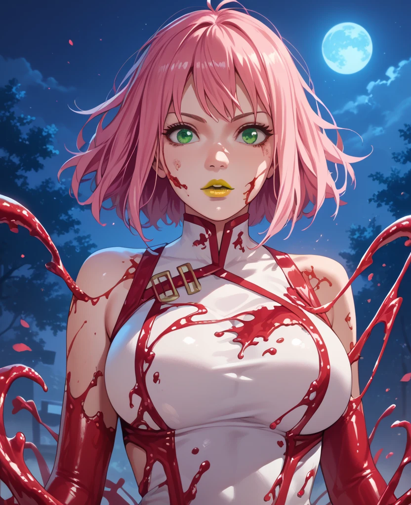 woman, big breasts, pink hair, white skin, yellow lipstick, anime style, night, green eyes, red costume, Carnage, symbiote, She Cargane, Sakura