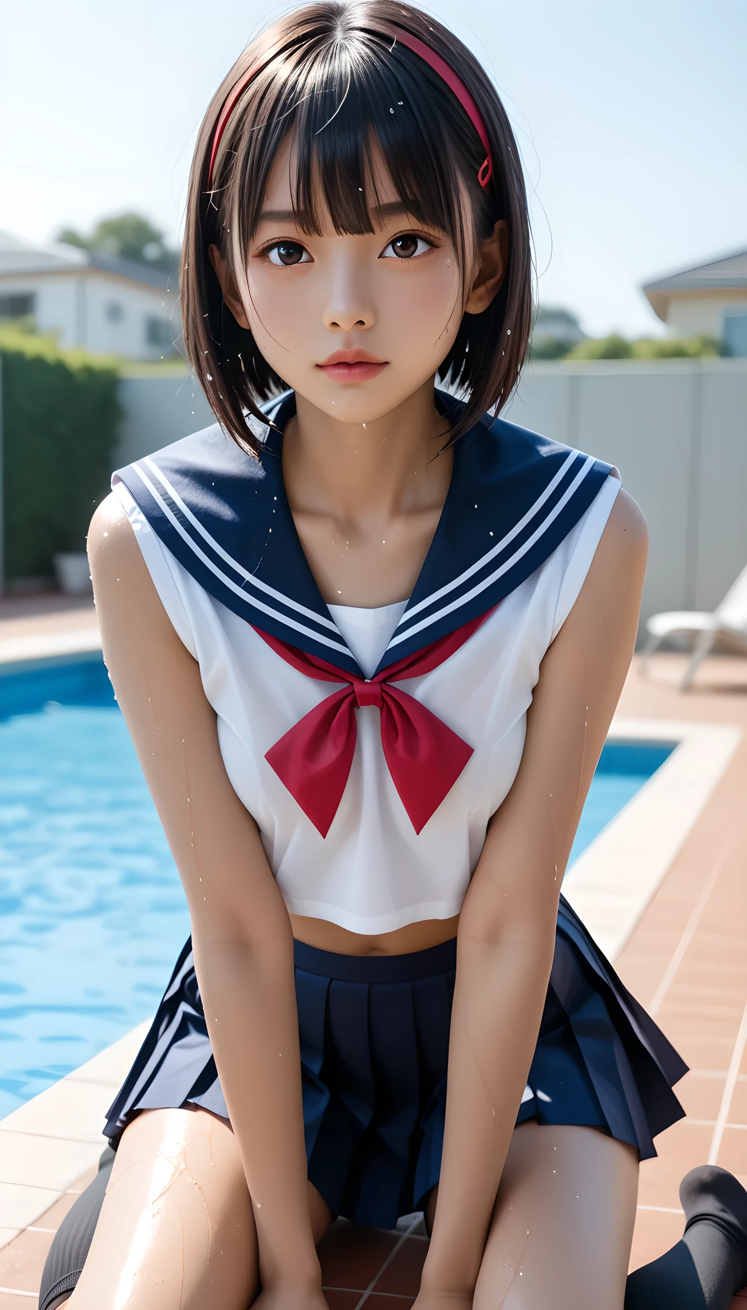  Wet 1 Japanese Female ************* Student 、masterpiece 、  top quality  、 Super high resolution、 realistic、 beautiful lighting arranged in an orderly manner、  RAW photos 、4K Ultra HD、  super detailed face、Clear Face、Detailed eye、 beautiful eyes、( looks up、Gaze sideways)、1080P、 tan dark skin 、 black hair,   wet hair、 short bob cut , bangs、 Ponytail、 horny 、 young gravure idol who lost weight、、 red headband、 white gloves、(((Firm small breasts、Separated Breasts 、 tight breasts)))、((( wet hair )))、(( blue sky、small outdoor pool 、 blur background))、(((Wet Japanese Female ************* Student 、  navy sailor color 、 with both shoulders out 、 wet pleated skirt 、 black knee socks、Wear black shorts)))、 Japanese Female ****** School Student Wearing Wet School Uniform 、 ((Cross-legged pose、 sitting by the pool 、 full body shot ))、 ((( EXTREME FACE UP SHOT )))、( perfect anatomy)、 break ((Upper eyelid))、((( midi skirt)))、 thin beautiful thighs 、 beautifully manicured hair 、 oily skin 、Five fingers