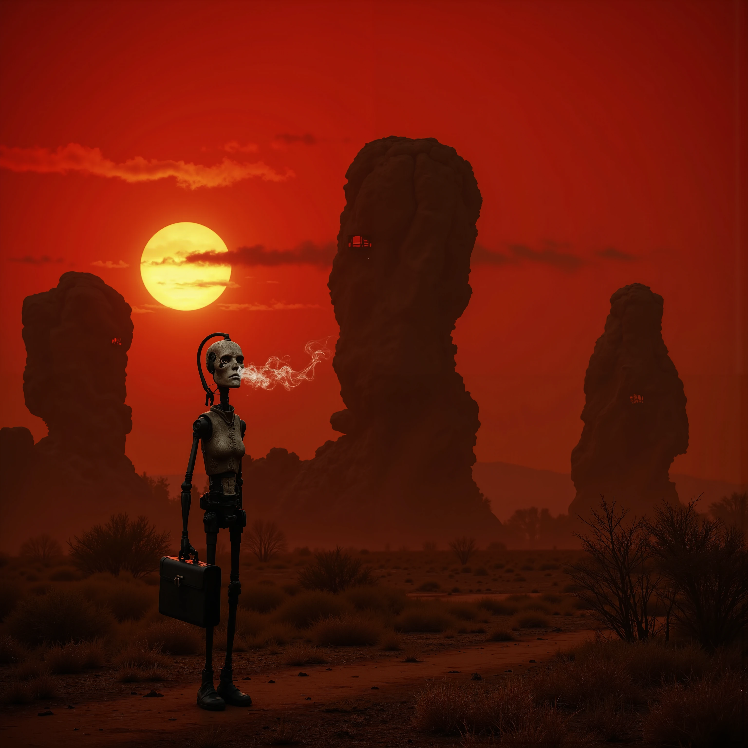 A post-apocalyptic landscape, red sky, the orange sun is low on horizon, three gigantic head-shaped rock statues, wearing binoculars. In the foreground one damaged android, with smoke coming out from its torso, holding a briefcase. panorama, ray tracing, UHD, 16K, DSLR, masterpiece, award-winning, photorealistic