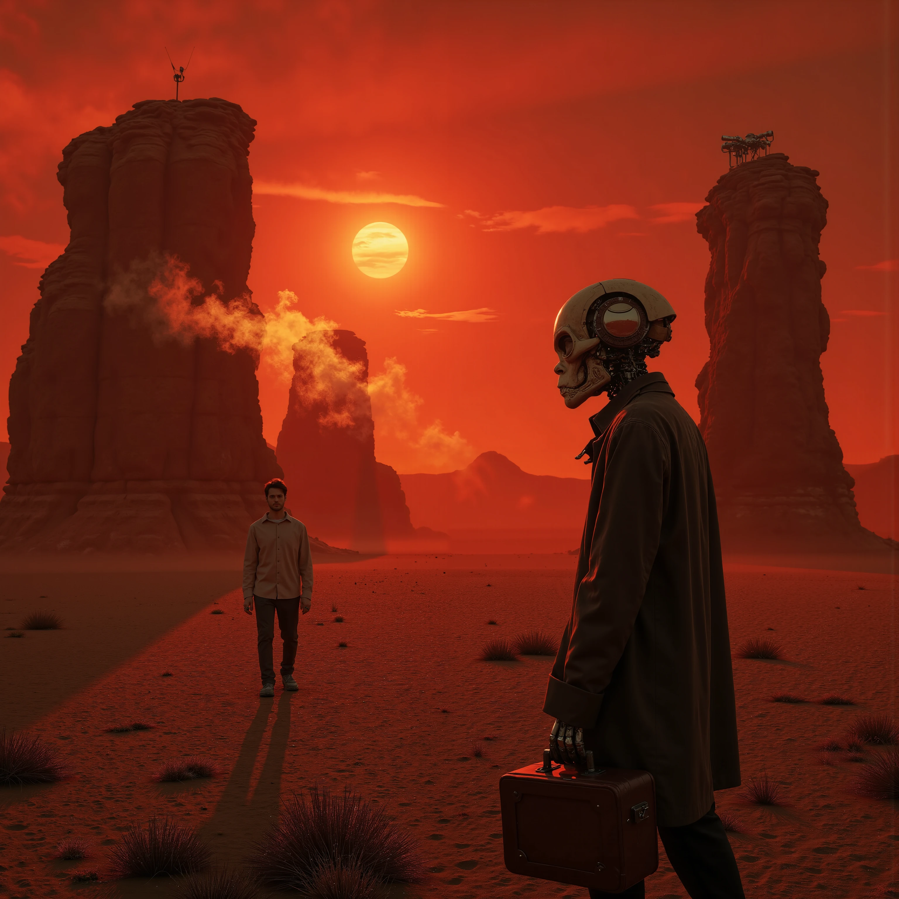 A post-apocalyptic landscape, red sky, the orange sun is low on horizon, three gigantic head-shaped rock statues, wearing binoculars. In the foreground one damaged android, with smoke coming out from its torso, holding a briefcase. panorama, ray tracing, UHD, 16K, DSLR, masterpiece, award-winning, photorealistic