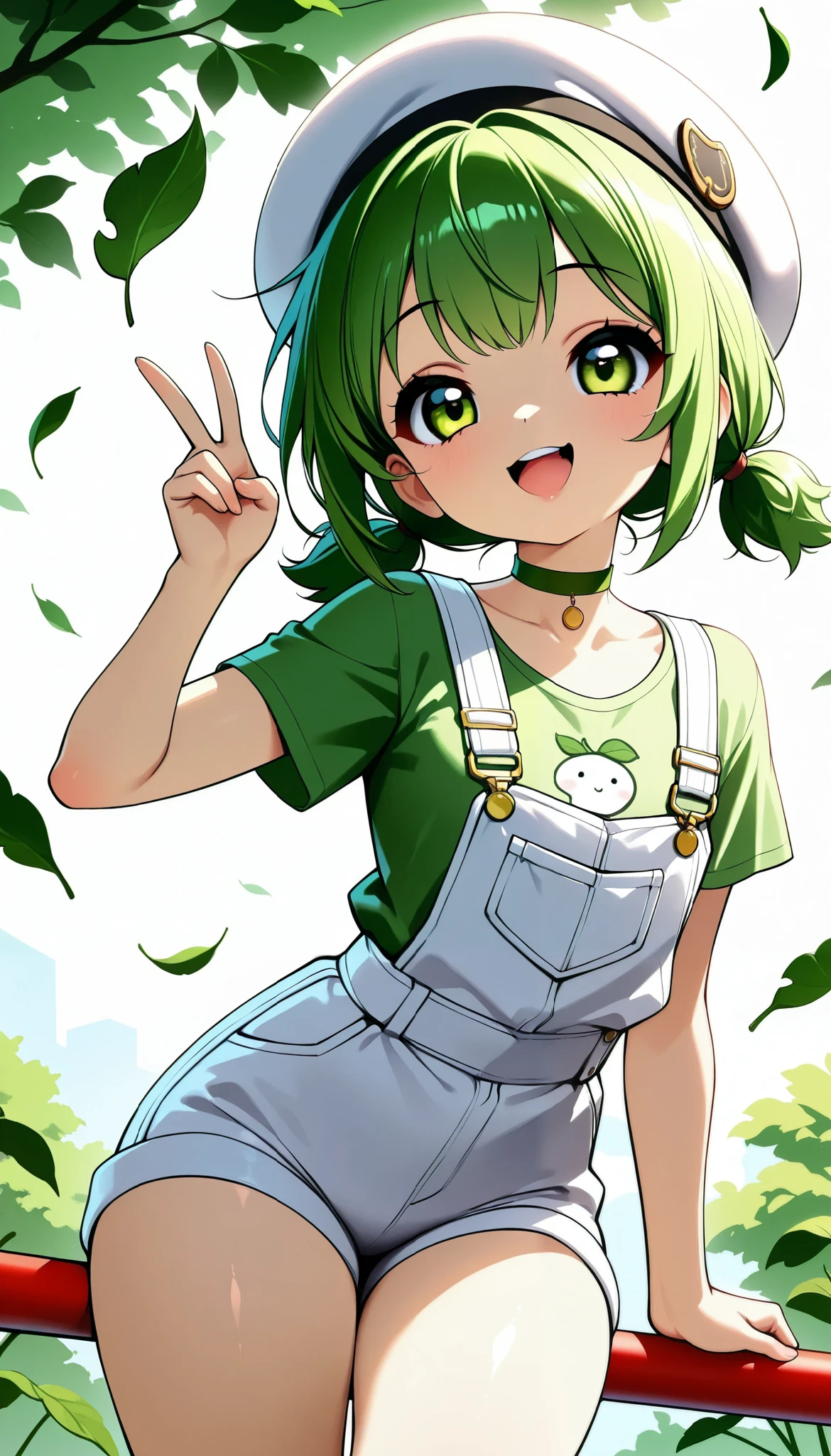 Daikon-chan :1.2, DKG , smile:1.2,  open your mouth,  beautiful skin:1.4,  Beautiful Detailed Eyes ,  glossy lips ,  very detailed face , ((white beret stick with leaves,  green hair short twin tails:1.2, Green T-shirt,  white overalls  , Green choker, )), slouch, (( Random Poses)), v-sign,  dramatic lighting ,  cute atmosphere ,  beautiful thighs ,  bright color,  cinematic composition ,  anime style:1.2, Detailed CG illustration, 8k, masterpiece．