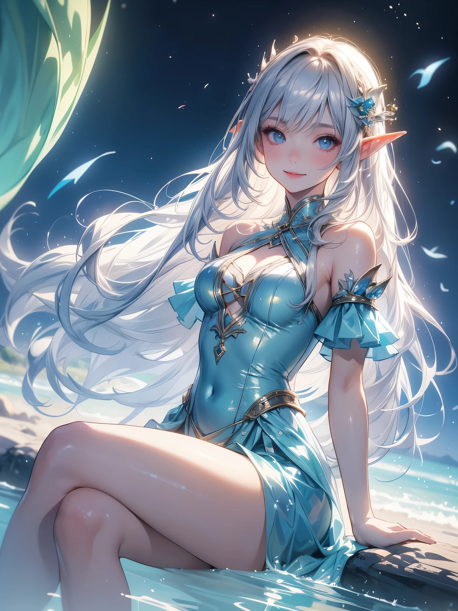 (master piece),(4k),high quality, small ,1girl,elf,long silver hair,pale skin,smile,white and blue costume,sitting in lakeside,(beautiful fantasy anime),film Lighting