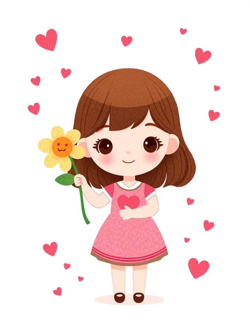 a drawing of a girl holding a flower and a heart, drawn image, cartoon image, by Yuko Tatsushima, by Oka Yasutomo, girl in love, by Valentine Hugo, carrying flowers, by Hugh Hughes, by Judy Takács, by Yi Inmun, cartoonish and simplistic, artists rendition, holding a flower. pikaole