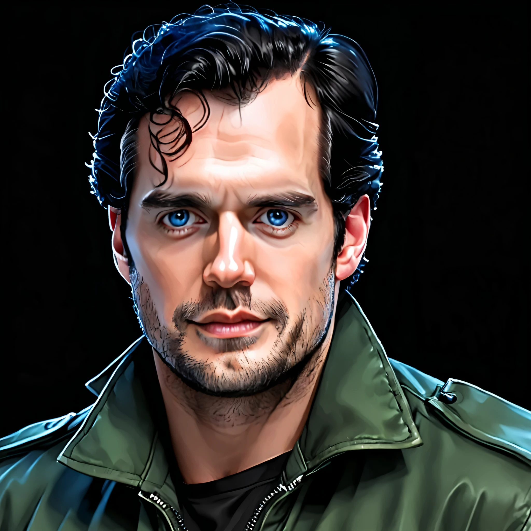 one man, henry cavill, (blue eyes:1.2), black hair, (upper body:1.3), (black background, clear background:1.5), (green military jacket:1.2), (studio lights, deep shadows:1.3)