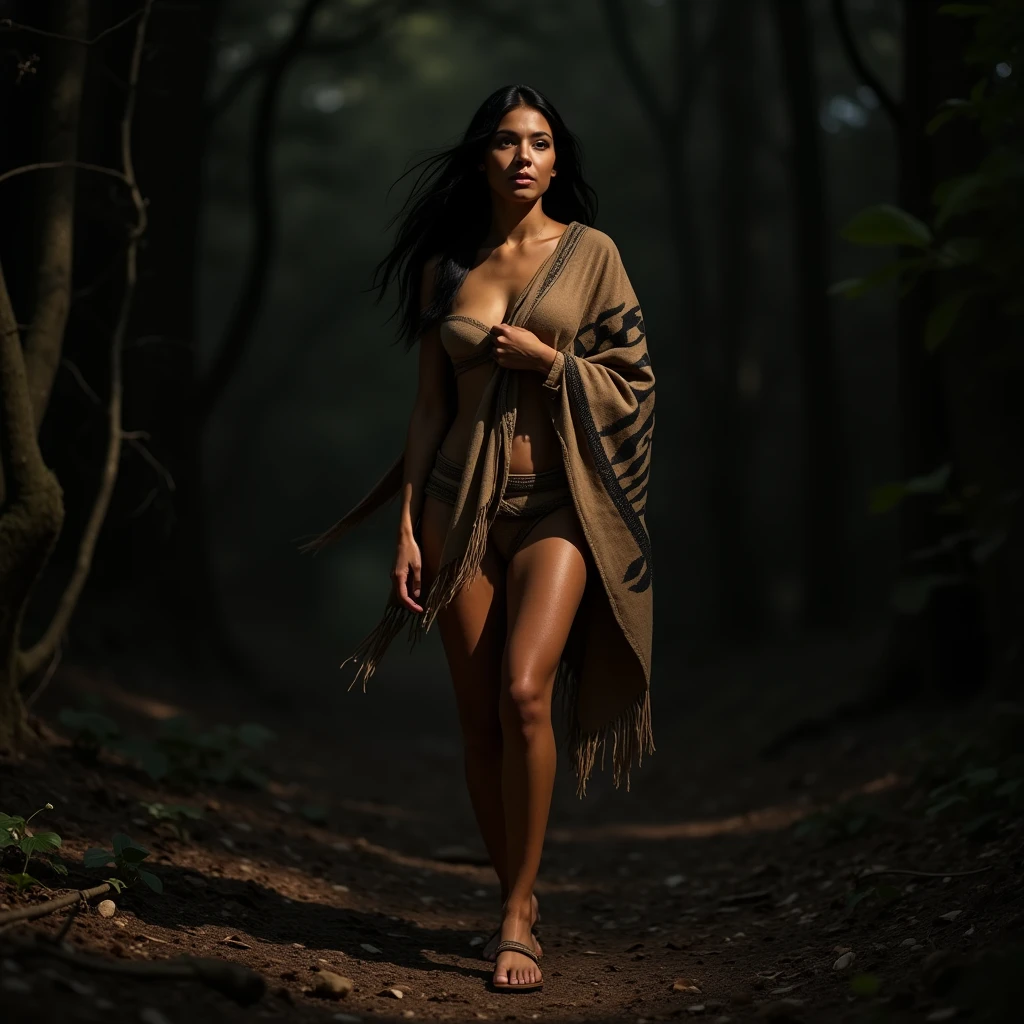 Bolivian dark skin indigenous woman ,long back hair,naked woman walking in woods at nigth