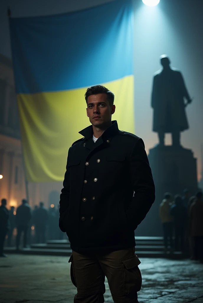 The image depicts a solemn scene featuring a man standing confidently in the foreground, adorned in a dark jacket with military-style pants. He has a serious expression, conveying a sense of determination and leadership. The background showcases a beam of light illuminating him, adding a dramatic effect to the scene.
In the backdrop, there is a monumental statue partially shrouded in darkness, symbolizing strength and resilience. The statue is highlighted in shades of blue and yellow, reflecting the colors of the Ukrainian flag, suggesting a patriotic theme. The overall lighting creates an atmosphere of solemnity and hope, capturing a moment of significance.
