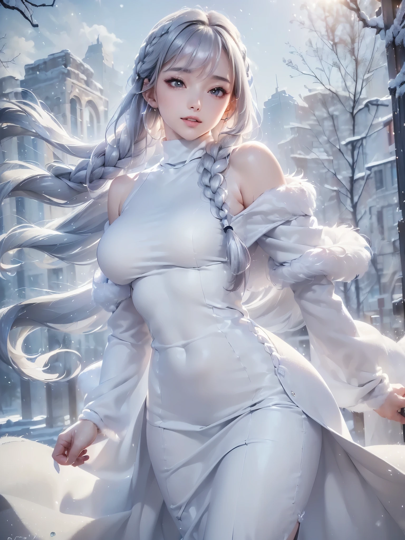 ((masterpiece:1.5、8k、Portraiture、Photorealistic and very detailed CG、Very detailed、Particle Effects、Dynamic Effects、Written boundary depth、Cinematic Light、Lens flare、Ray Tracing、Tabletop、Realistic:1.4、Ultra-high resolution:1.2、Realistic、Realistic))((alone、winter girl、Turtleneck sweater,No sleeve, shoulders, Long skirt, Taking off her fur coat. Detailed face、brightexpression、young, bright, Whiter skin、Medium chest、Side bust, Best Looks、Ultimate beauty、Shiny silver hair with highlights、bright and shiny hair,、Thick braids、Hair dancing in the wind))(Plain background)
