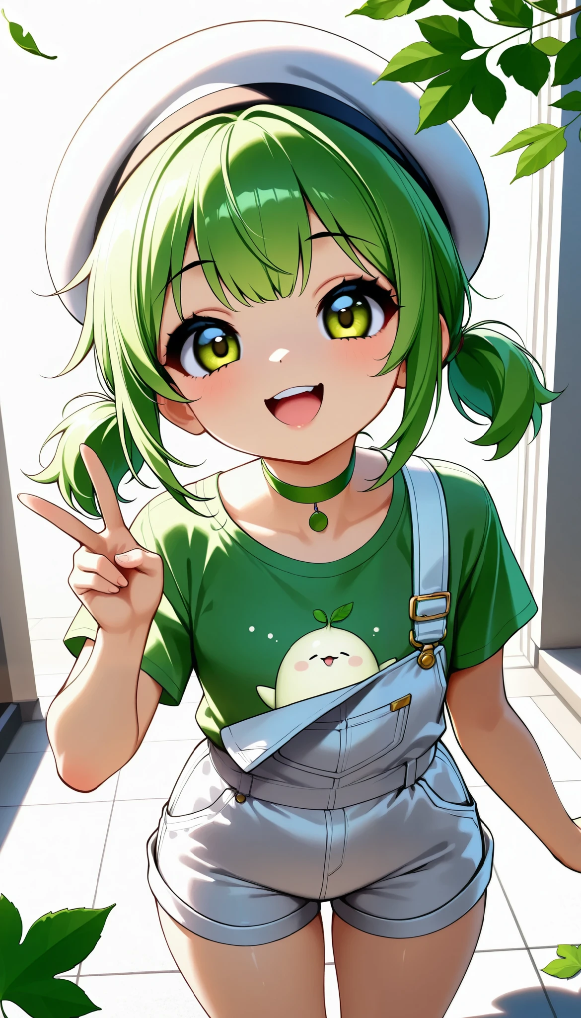 Daikon-chan :1.2, DKG , smile:1.2,  open your mouth,  beautiful skin:1.4,  Beautiful Detailed Eyes ,  glossy lips ,  very detailed face , ((white beret with leaves,  green hair short twin tails:1.2, Green T-shirt,  white overalls  , Green choker, )), slouch, (( Random Poses)), v-sign,  dramatic lighting ,  cute atmosphere ,  beautiful thighs ,  bright color,  cinematic composition ,  anime style:1.2, Detailed CG illustration, 8k, masterpiece．