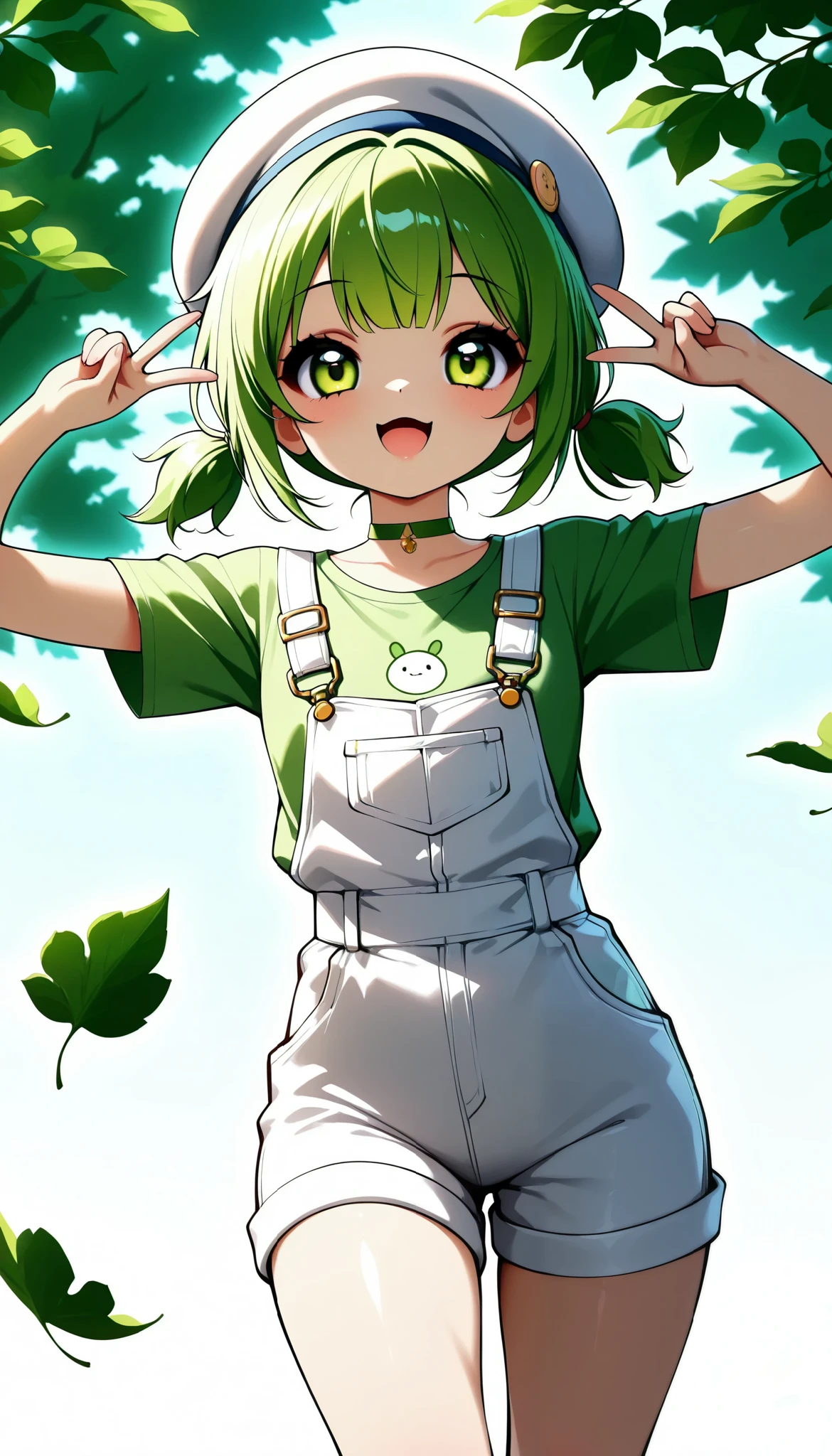 Daikon-chan :1.2, DKG , smile:1.2,  open your mouth,  beautiful skin:1.4,  Beautiful Detailed Eyes ,  glossy lips ,  very detailed face , ((white beret with leaves,  green hair short twin tails:1.2, Green T-shirt,  white overalls  , Green choker, )), slouch, (( Random Poses)), v-sign,  dramatic lighting ,  cute atmosphere ,  beautiful thighs ,  bright color,  cinematic composition ,  anime style:1.2, Detailed CG illustration, 8k, masterpiece．