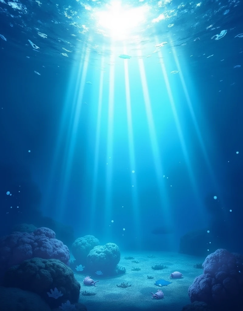 sunlight shining through the water's rays in a deep blue ocean, underwater light rays, volumetric light water, makes the sea area glowing water, undersea, underwater glow, volumetric underwater lighting, underwater ocean, deep sea ambience, (((underwater lights))), light rays from the surface, sun rays shine through the water, underwater background, under water, underwater view. pikaole