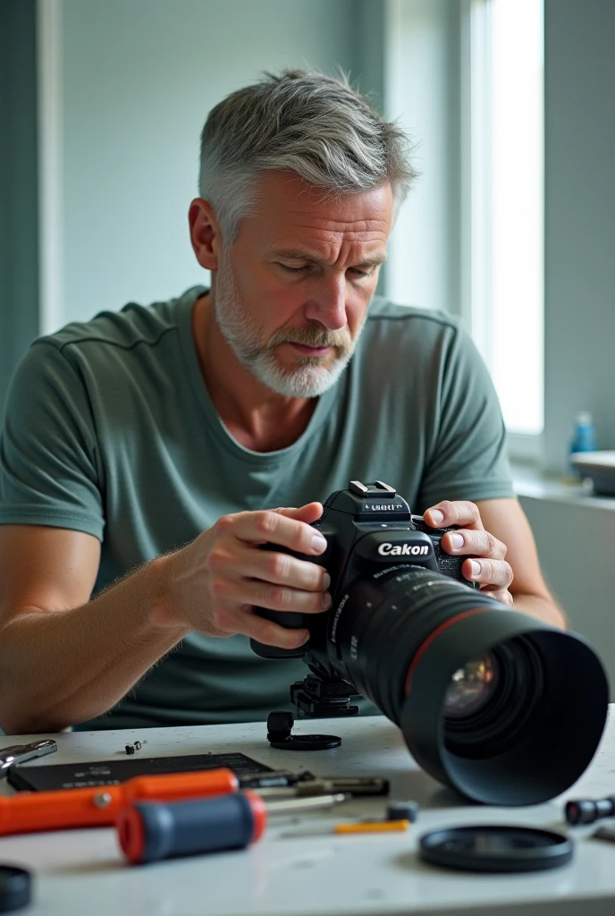 A man holding a professional camera in a studio with photo equipment, Studio Photography DSLR, side profile side of face looking to side, photo portrait, professional photoshoot, wearing black shirt 