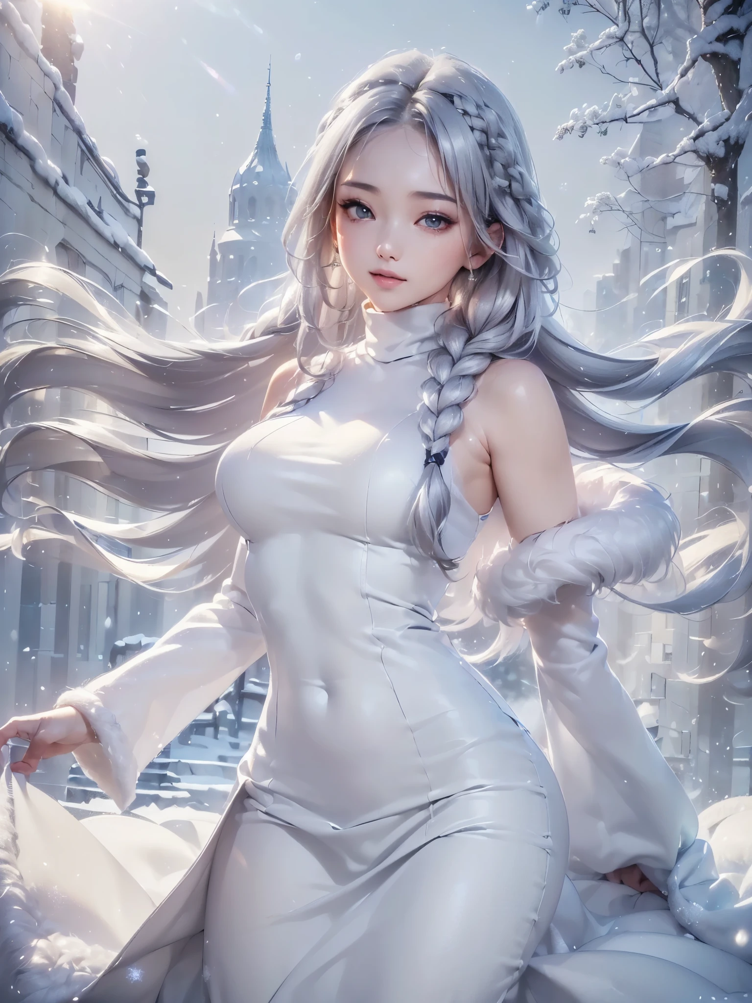 ((masterpiece:1.5、8k、Portraiture、Photorealistic and very detailed CG、Very detailed、Particle Effects、Dynamic Effects、Written boundary depth、Cinematic Light、Lens flare、Ray Tracing、Tabletop、Realistic:1.4、Ultra-high resolution:1.2、Realistic、Realistic))((alone、winter girl、Turtleneck sweater,No sleeve, shoulders, Long skirt, Taking off her fur coat. Detailed face、brightexpression、young, bright, Whiter skin、Medium chest、Side bust, Best Looks、Ultimate beauty、Shiny silver hair with highlights、bright and shiny hair,、Thick braids、Hair dancing in the wind))(Plain background)
