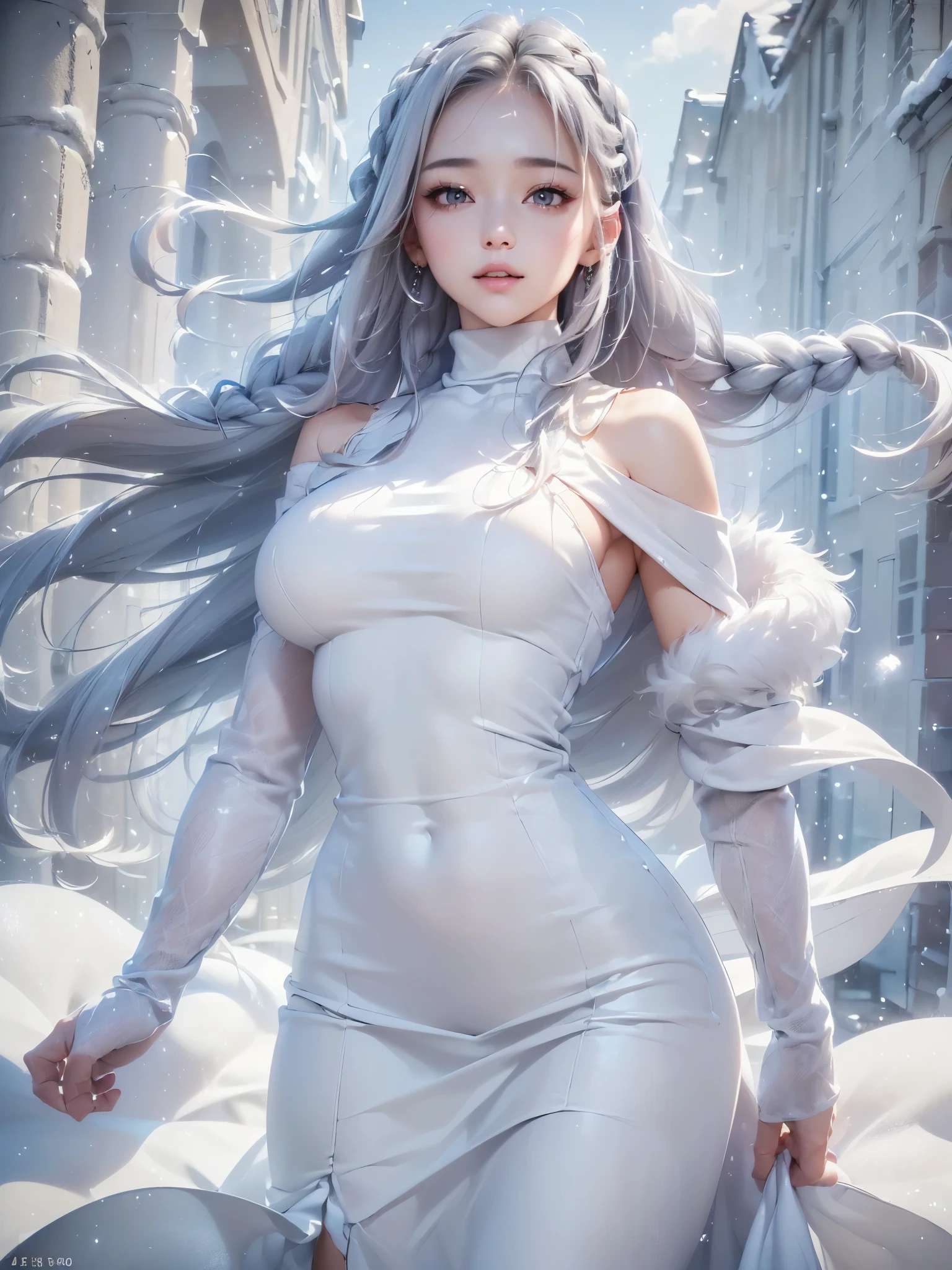 ((masterpiece:1.5、8k、Portraiture、Photorealistic and very detailed CG、Very detailed、Particle Effects、Dynamic Effects、Written boundary depth、Cinematic Light、Lens flare、Ray Tracing、Tabletop、Realistic:1.4、Ultra-high resolution:1.2、Realistic、Realistic))((alone、winter girl、Turtleneck sweater,No sleeve, shoulders, Long skirt, Taking off her fur coat. Detailed face、brightexpression、young, bright, Whiter skin、Medium chest、Side bust, Best Looks、Ultimate beauty、Shiny silver hair with highlights、bright and shiny hair,、Thick braids、Hair dancing in the wind))(Plain background)
