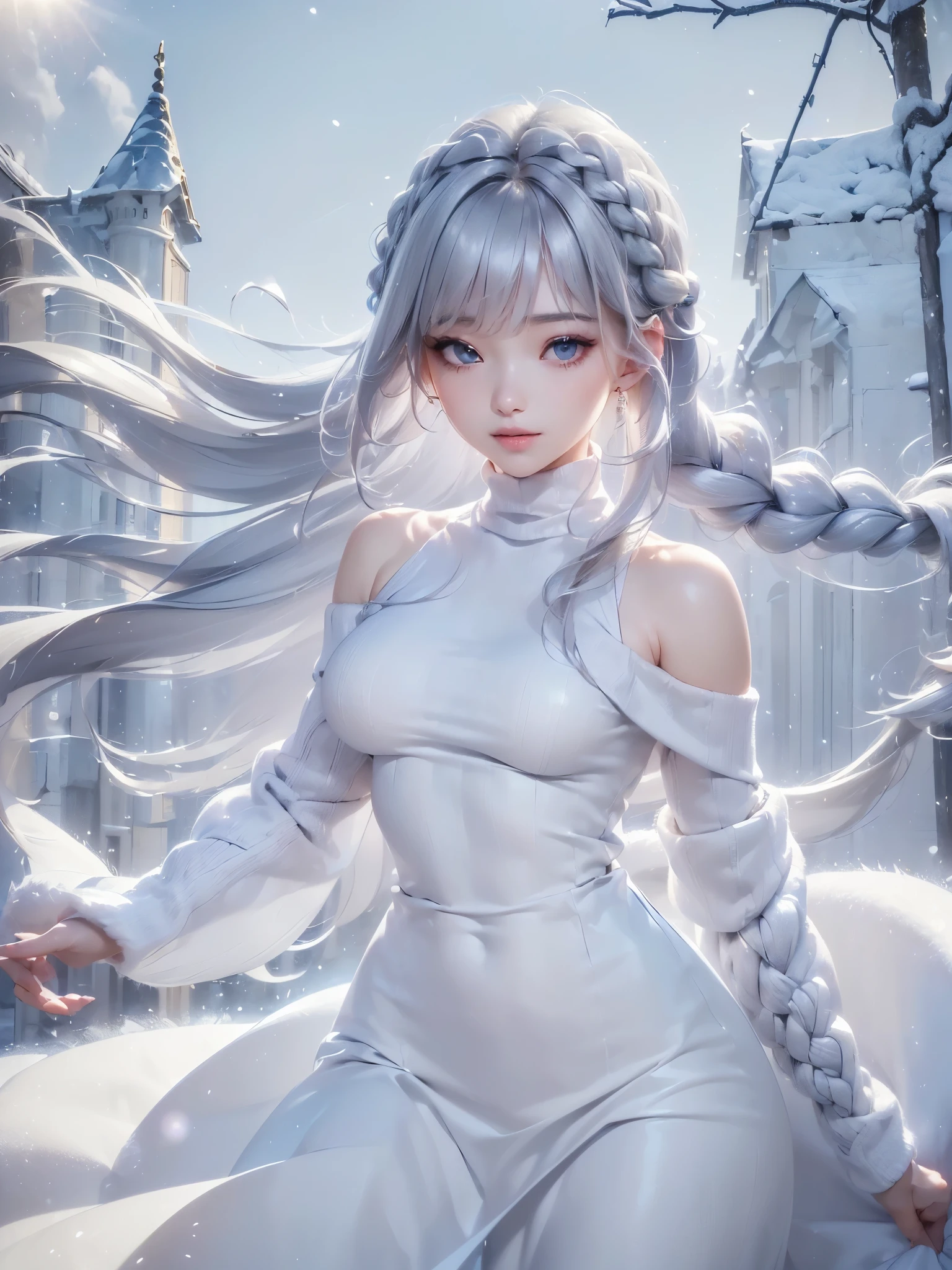 ((masterpiece:1.5、8k、Portraiture、Photorealistic and very detailed CG、Very detailed、Particle Effects、Dynamic Effects、Written boundary depth、Cinematic Light、Lens flare、Ray Tracing、Tabletop、Realistic:1.4、Ultra-high resolution:1.2、Realistic、Realistic))((alone、winter girl、Turtleneck sweater,No sleeve, shoulders, Long skirt, Taking off her fur coat. Detailed face、brightexpression、young, bright, Whiter skin、Medium chest、Side bust, Best Looks、Ultimate beauty、Shiny silver hair with highlights、bright and shiny hair,、Thick braids、Hair dancing in the wind))(Plain background)
