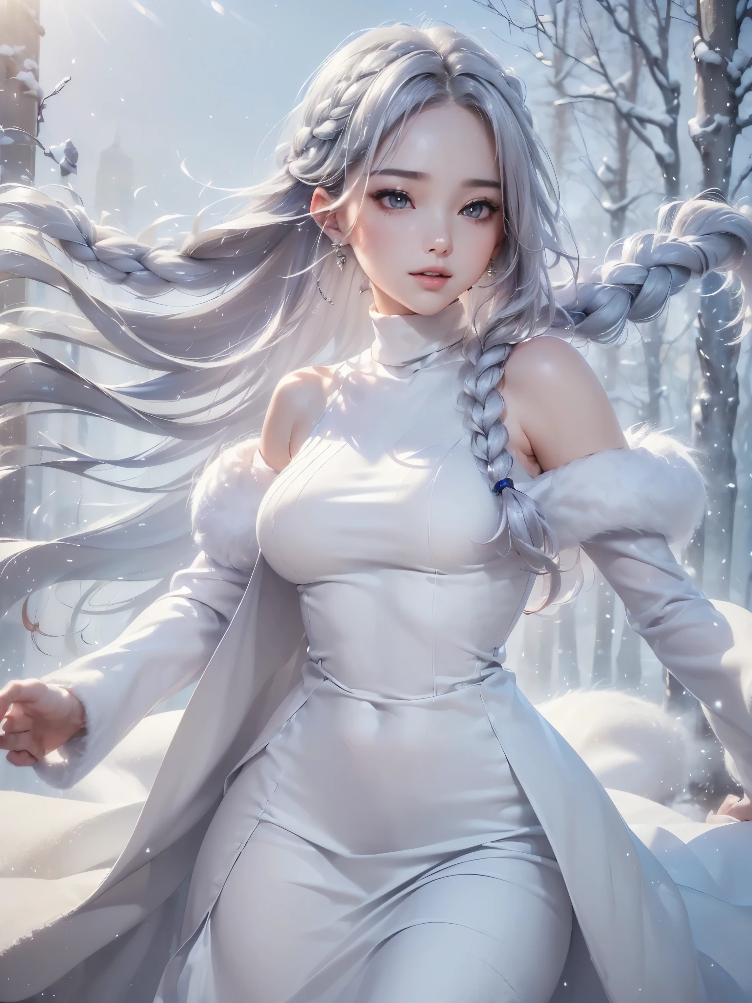 ((masterpiece:1.5、8k、Portraiture、Photorealistic and very detailed CG、Very detailed、Particle Effects、Dynamic Effects、Written boundary depth、Cinematic Light、Lens flare、Ray Tracing、Tabletop、Realistic:1.4、Ultra-high resolution:1.2、Realistic、Realistic))((alone、winter girl、Turtleneck sweater,No sleeve, shoulders, Long skirt, Taking off her fur coat. Detailed face、brightexpression、young, bright, Whiter skin、Medium chest、Side bust, Best Looks、Ultimate beauty、Shiny silver hair with highlights、bright and shiny hair,、Thick braids、Hair dancing in the wind))(Plain background)
