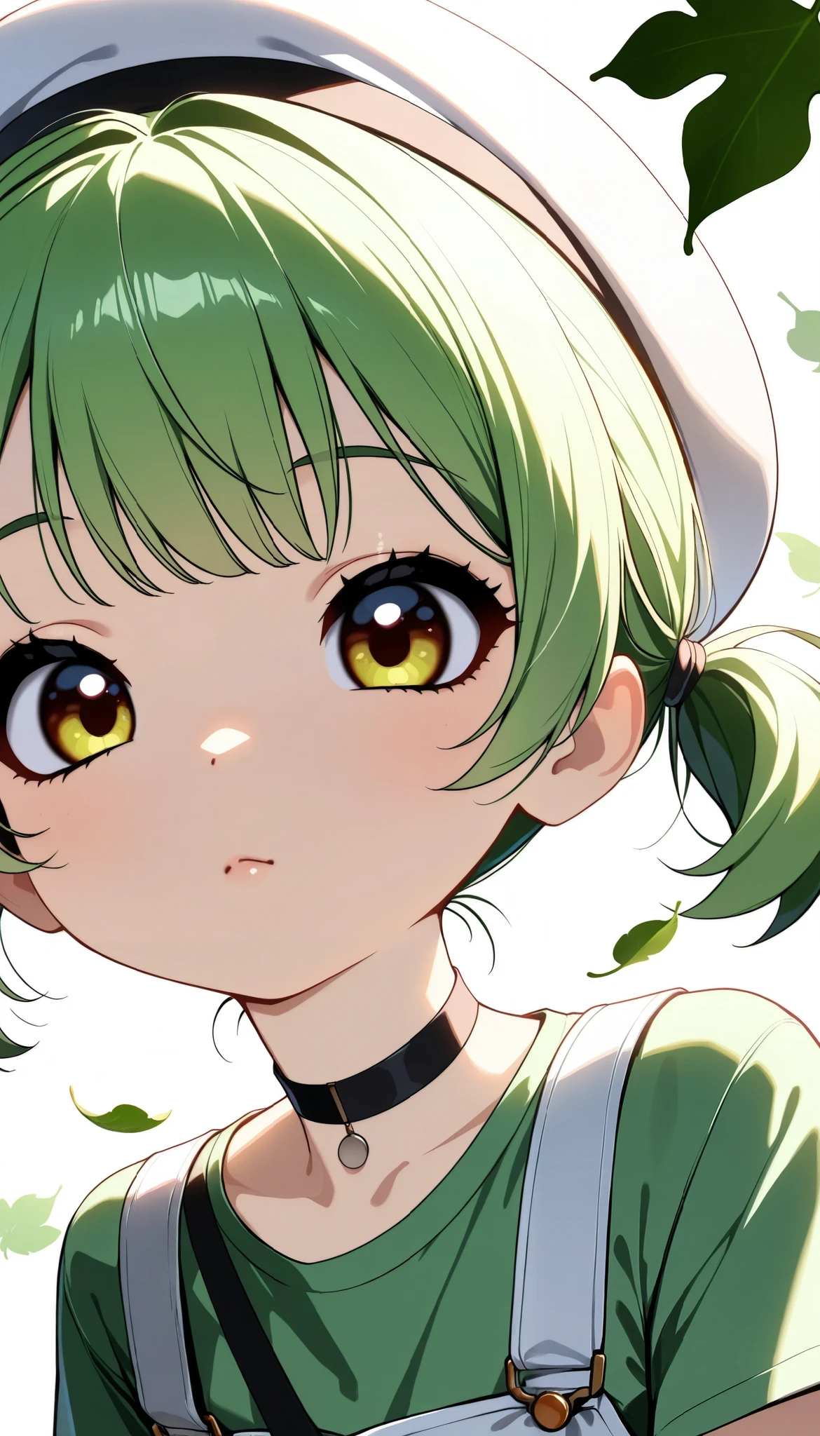 Daikon-chan :1.2, DKG , Sulky face:1.4, With an upturned gaze,  face close-up ,  beautiful skin:1.4,  Beautiful Detailed Eyes ,  glossy lips ,  very detailed face , ((white beret with leaves,  green hair short twin tails:1.2, Green T-shirt,  white overalls  , Green choker, )), slouch, (( Random Poses)),  dramatic lighting ,  cute atmosphere ,  beautiful thighs ,  bright color,  cinematic composition ,  anime style:1.2, Detailed CG illustration, 8k, masterpiece．