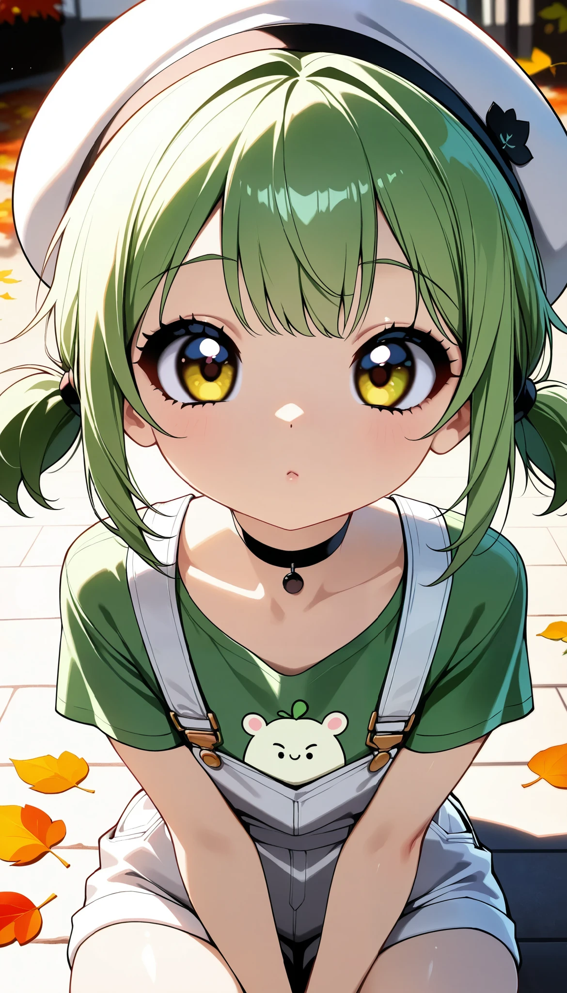 Daikon-chan :1.2, DKG , Sulky face:1.4, With an upturned gaze,  face close-up ,  beautiful skin:1.4,  Beautiful Detailed Eyes ,  glossy lips ,  very detailed face , ((white beret with leaves,  green hair short twin tails:1.2, Green T-shirt,  white overalls  , Green choker, )), slouch, (( Random Poses)),  dramatic lighting ,  cute atmosphere ,  beautiful thighs ,  bright color,  cinematic composition ,  anime style:1.2, Detailed CG illustration, 8k, masterpiece．