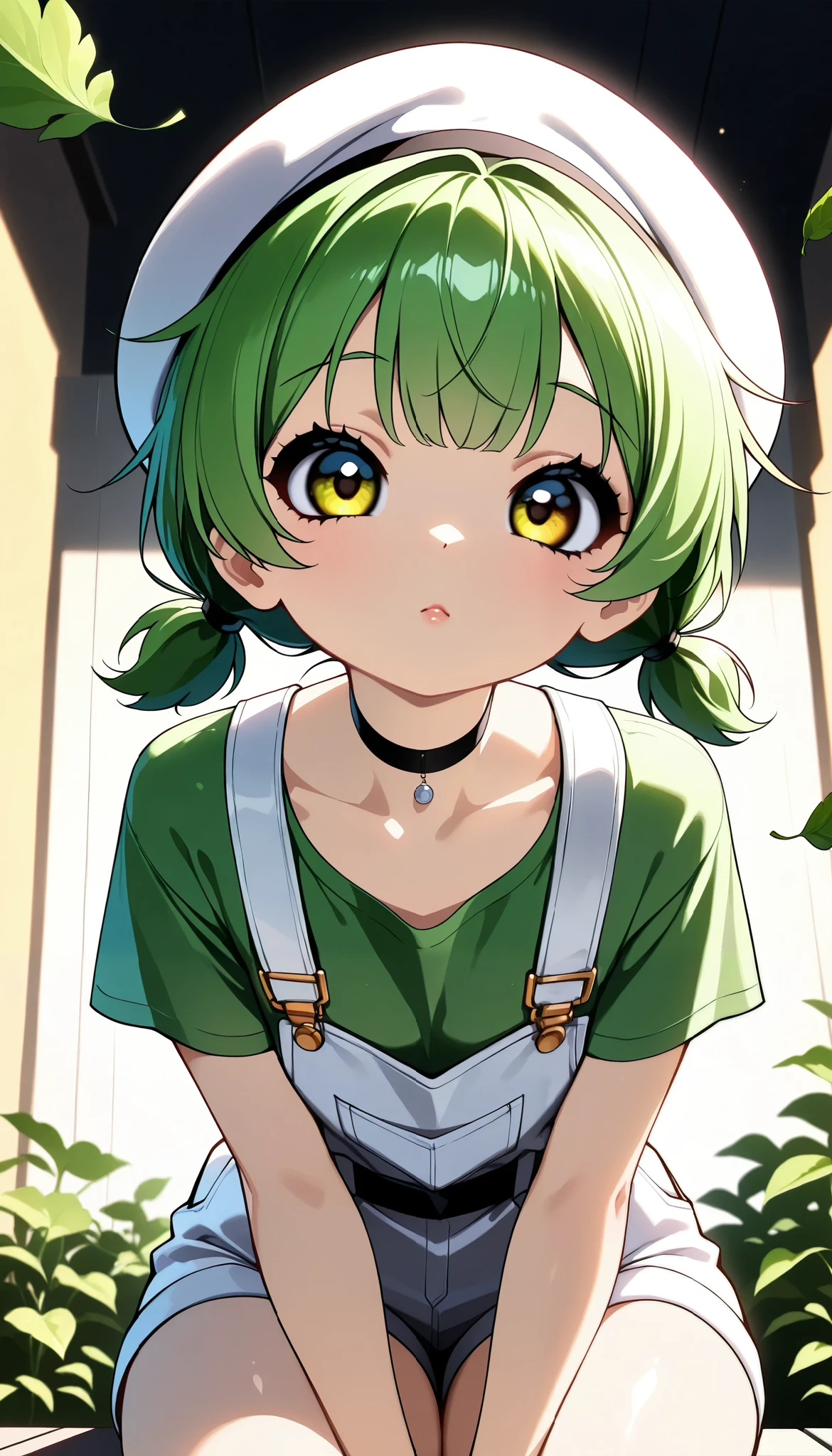 Daikon-chan :1.2, DKG , Sulky face:1.4, With an upturned gaze,  face close-up ,  beautiful skin:1.4,  Beautiful Detailed Eyes ,  glossy lips ,  very detailed face , ((white beret with leaves,  green hair short twin tails:1.2, Green T-shirt,  white overalls  , Green choker, )), slouch, (( Random Poses)),  dramatic lighting ,  cute atmosphere ,  beautiful thighs ,  bright color,  cinematic composition ,  anime style:1.2, Detailed CG illustration, 8k, masterpiece．