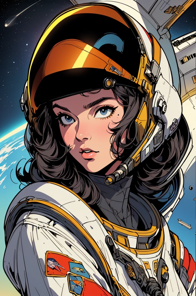 (((Top Quality Masterpiece ))),(((solo:1.2))),((( 1 woman :1.2))), 32K Highly Detailed Wallpaper , Retro Vintage Style ,(dynamic Angles),((( overwhelming highlights))),((most complex machine)),American Comics Touch , 80s space thriller movie poster,(((Detailed and perfect woman ))),((( bust up))),(((full face helmet space shuttle infinity satellite)))