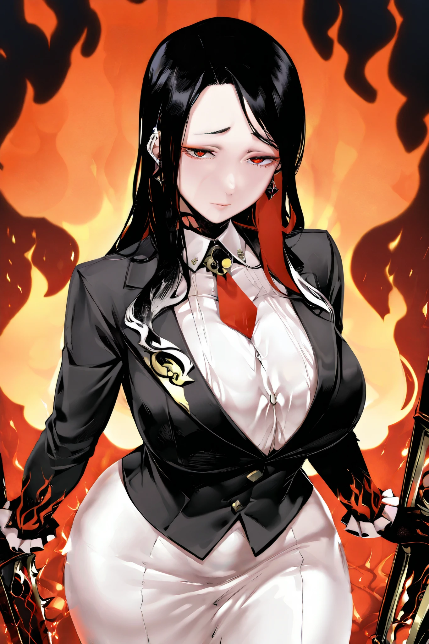 {pant suit}, ((black pant)), black suit, chest harness, black business suit, black vest, cameltoe, (( black business shirt)), button gap, red necktie, red stall, gold buckle belt, black hair, long hair, tall female, lip gloss, red lips, latex, Sheer black shirt, red necktie, red eye, long coat, thick thighs, bangs, red nail, red gem earrings, huge , big ass, enormous breasts, plump, (thigh belt), muscular thighs, gigantic breasts, shiny clothes, detail face, gold buckle belt, open stance,