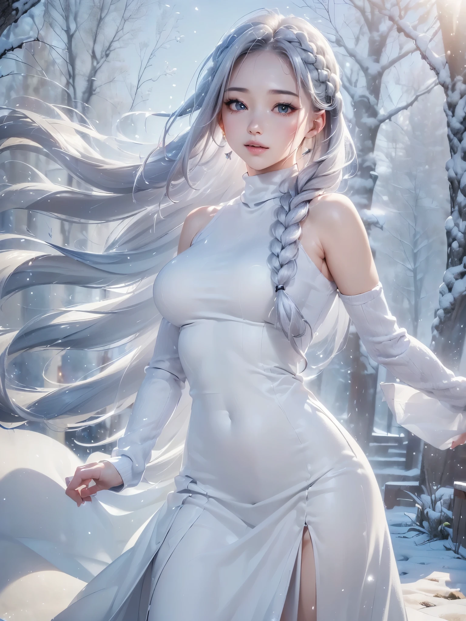 ((masterpiece:1.5、8k、Portraiture、Photorealistic and very detailed CG、Very detailed、Particle Effects、Dynamic Effects、Written boundary depth、Cinematic Light、Lens flare、Ray Tracing、Tabletop、Realistic:1.4、Ultra-high resolution:1.2、Realistic、Realistic))((alone、winter girl、Turtleneck sweater,No sleeve, shoulders, Long skirt, Taking off her fur coat. Detailed face、brightexpression、young, bright, Whiter skin、Medium chest、Side bust, Best Looks、Ultimate beauty、Shiny silver hair with highlights、bright and shiny hair,、Thick braids、Hair dancing in the wind))(Plain background)