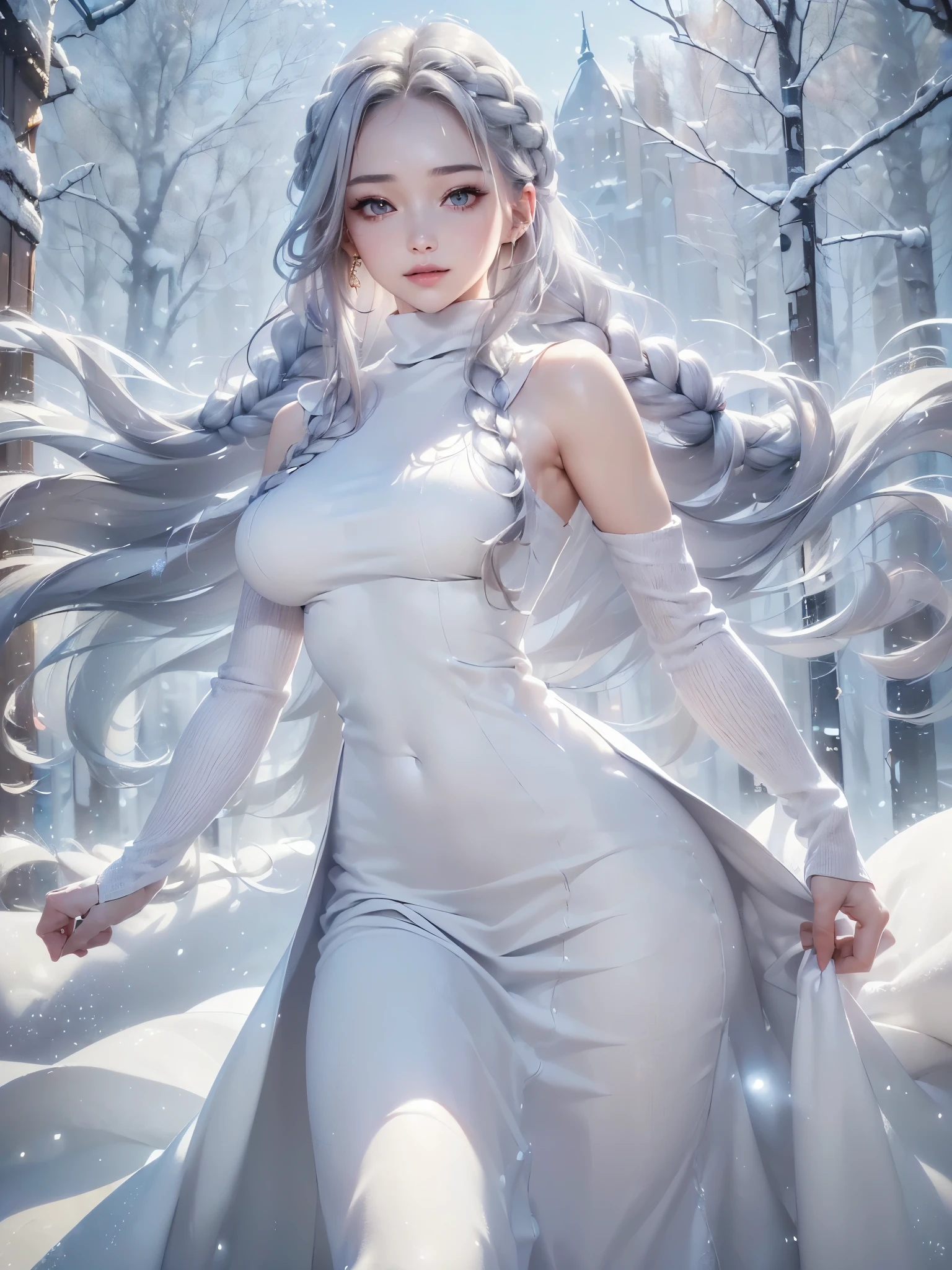 ((masterpiece:1.5、8k、Portraiture、Photorealistic and very detailed CG、Very detailed、Particle Effects、Dynamic Effects、Written boundary depth、Cinematic Light、Lens flare、Ray Tracing、Tabletop、Realistic:1.4、Ultra-high resolution:1.2、Realistic、Realistic))((alone、winter girl、Turtleneck sweater,No sleeve, shoulders, Long skirt, Taking off her fur coat. Detailed face、brightexpression、young, bright, Whiter skin、Medium chest、Side bust, Best Looks、Ultimate beauty、Shiny silver hair with highlights、bright and shiny hair,、Thick braids、Hair dancing in the wind))(Plain background)
