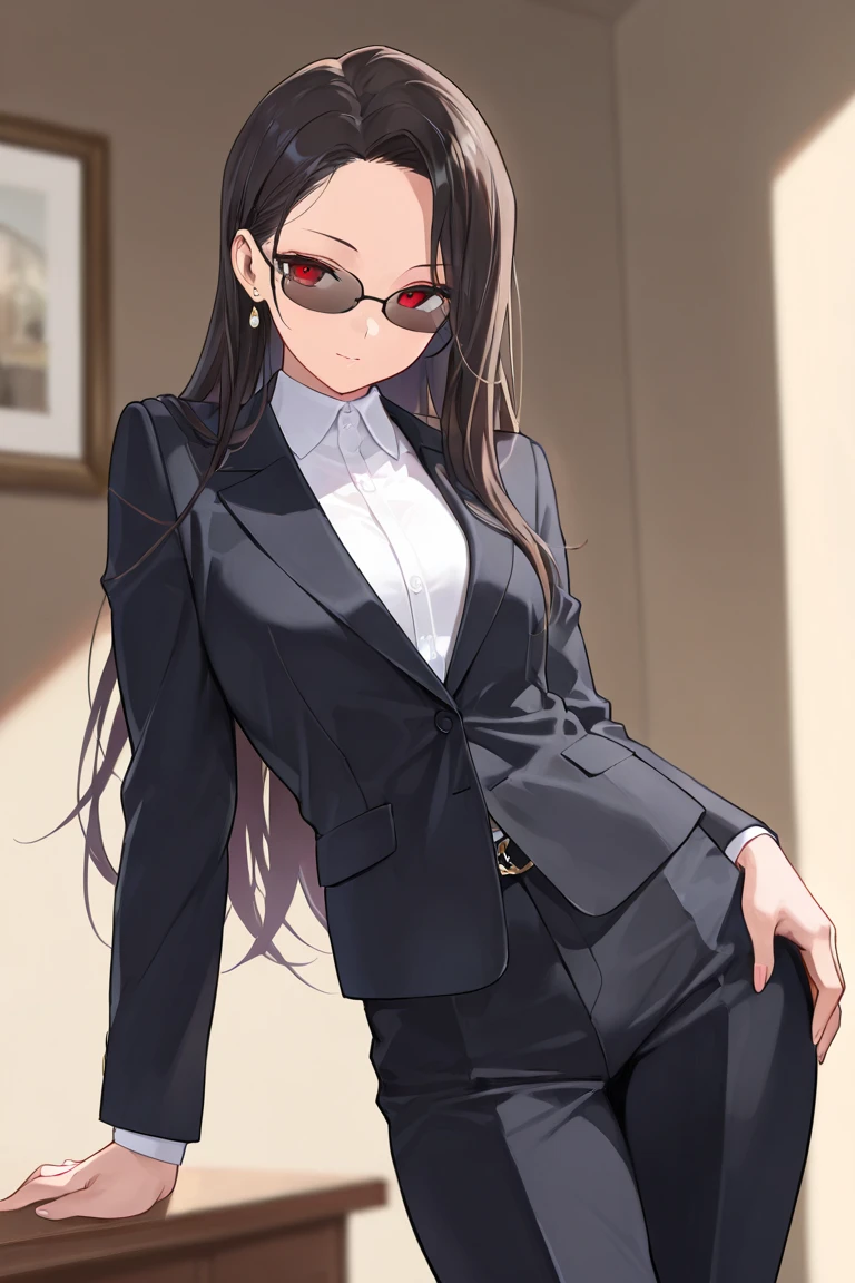 ((best quality)), ((masterpiece)), femboy, dark parted hair, cute red eyes, elegant look, dark glasses, street style outfit